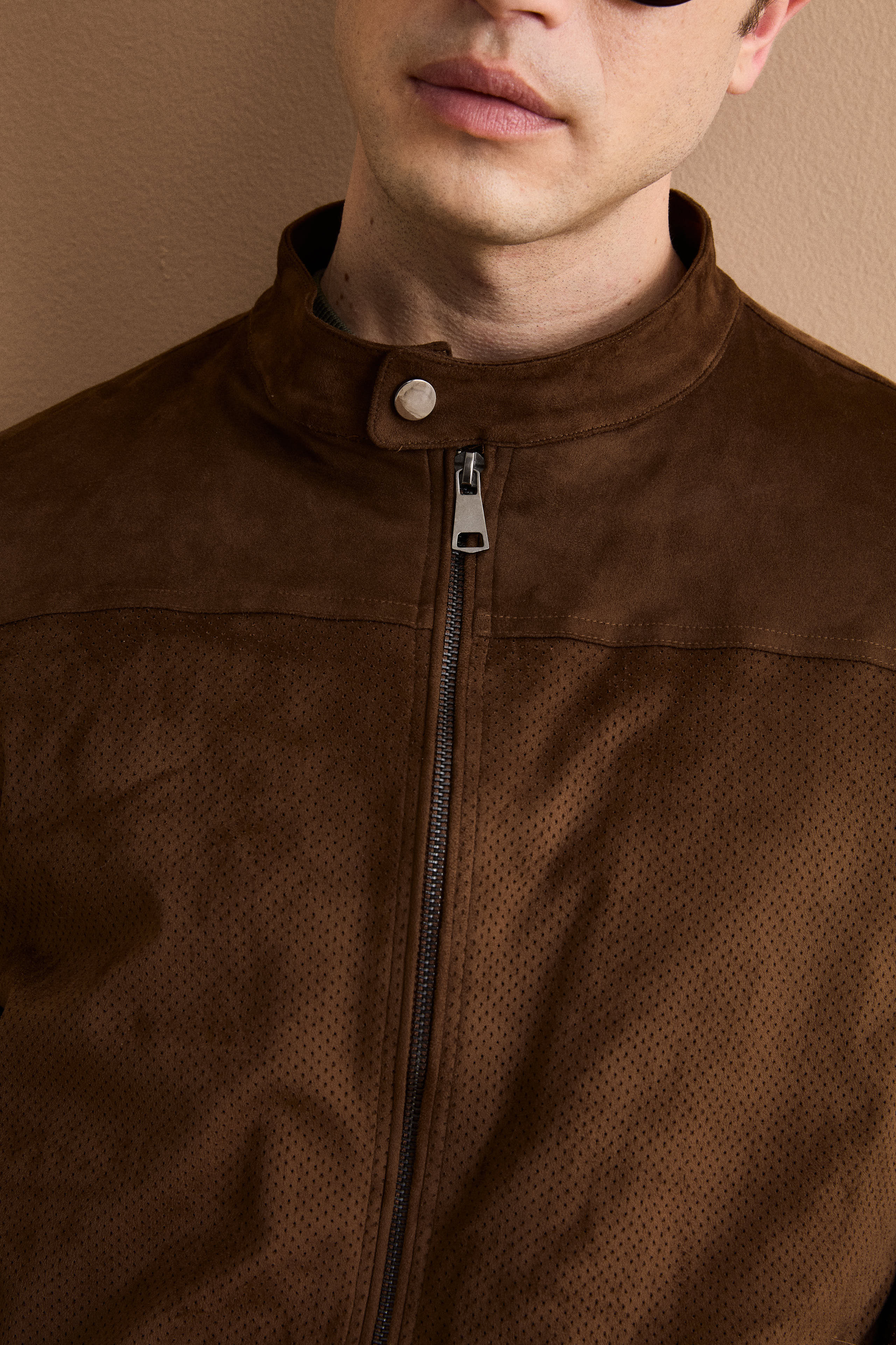 Giubbotto Regular Fit Scamosciato in Alcantara - CIOCCOLATO