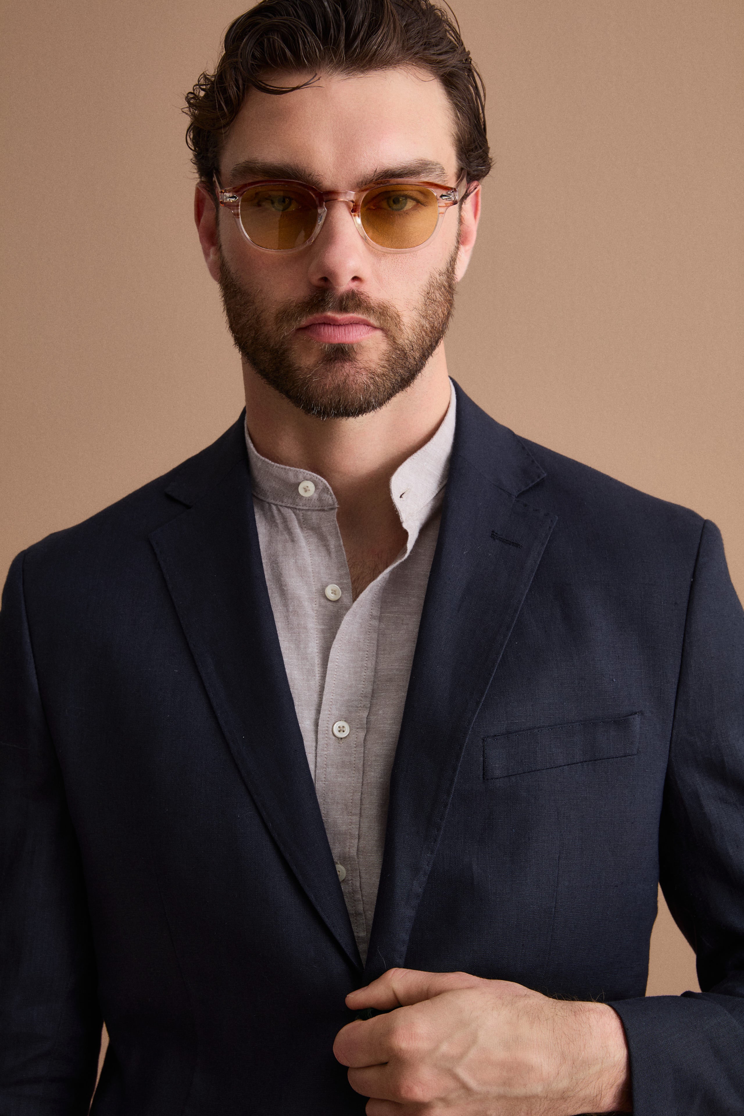 Costume Regular Fit à Boutonnage Simple en Lin - Bleu marine
