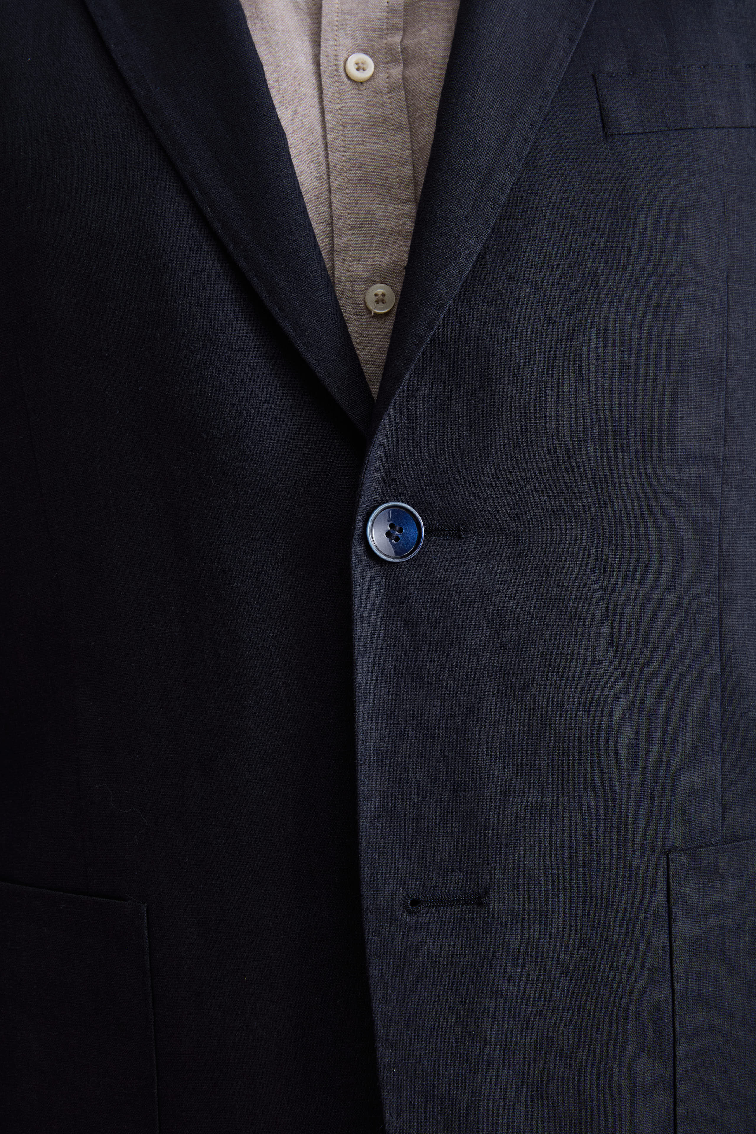 Costume Regular Fit à Boutonnage Simple en Lin - Bleu marine