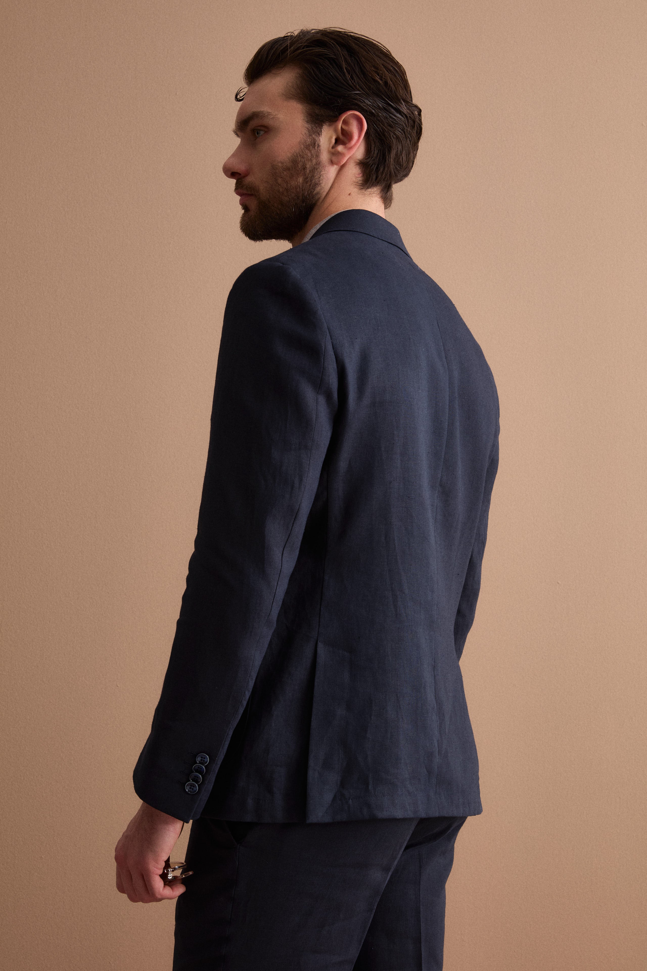 Costume Regular Fit à Boutonnage Simple en Lin - Bleu marine