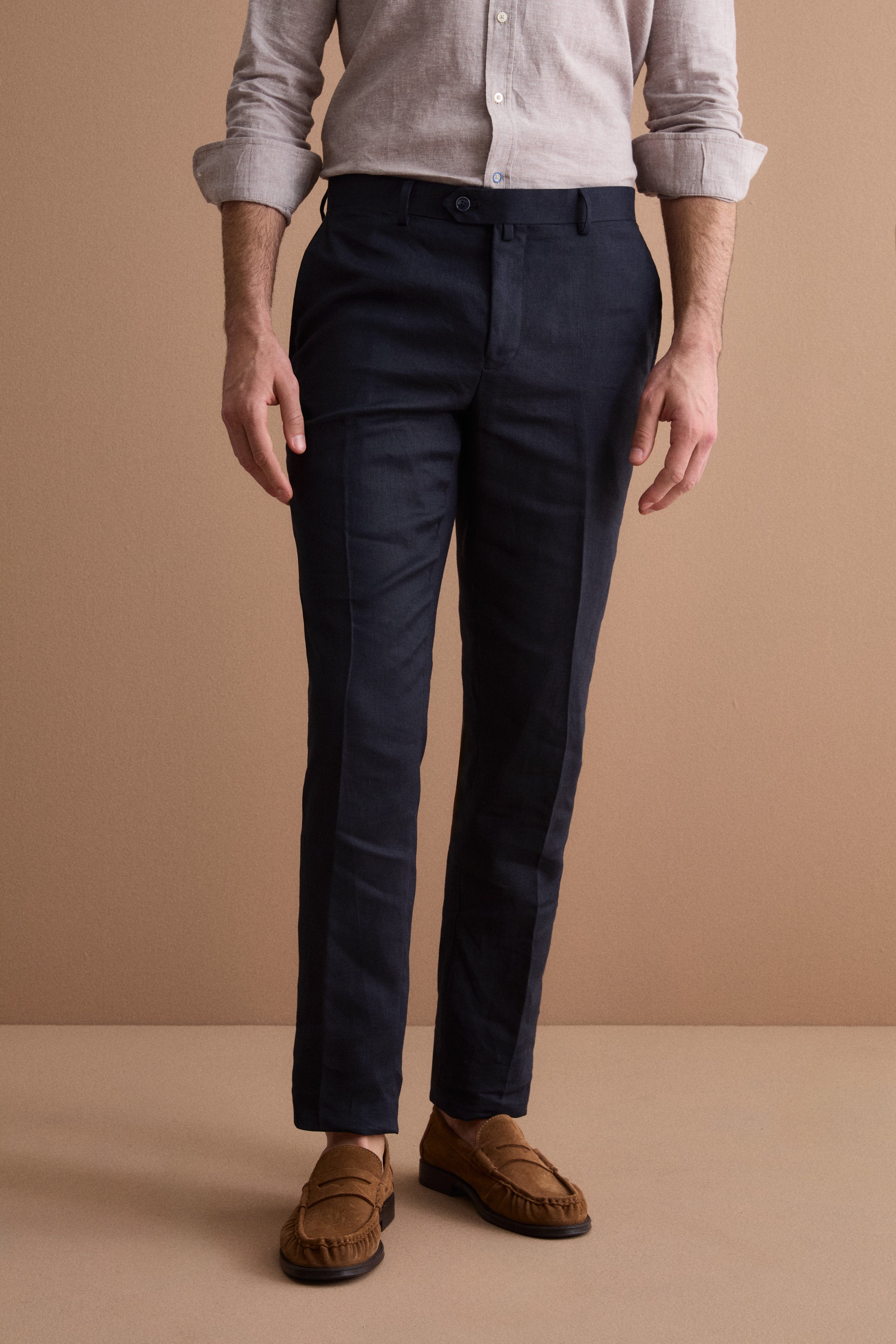Costume Regular Fit à Boutonnage Simple en Lin - Bleu marine