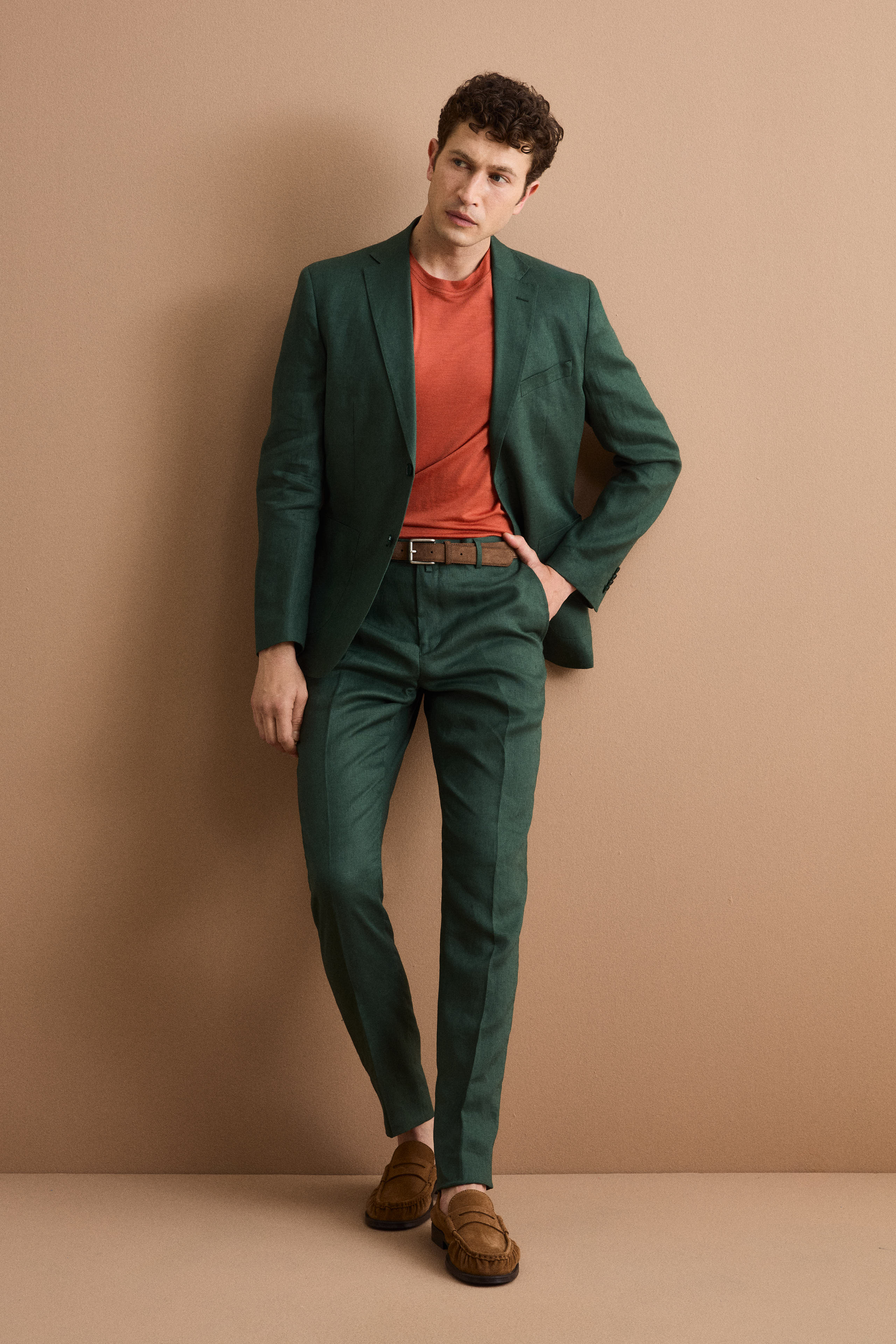 Regular Fit Einreihiger Leinenanzug - GRÜN