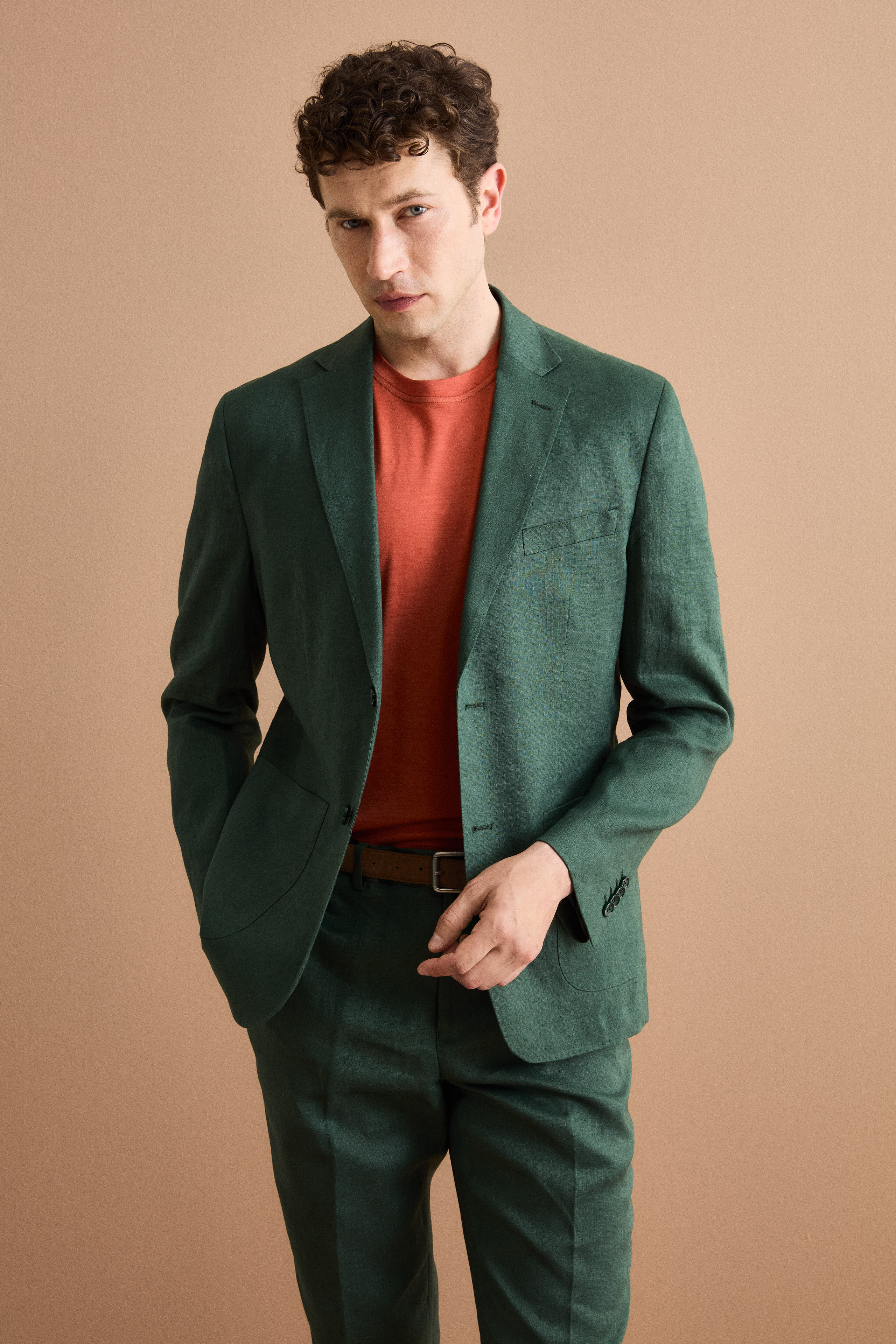 Regular Fit Einreihiger Leinenanzug - GRÜN