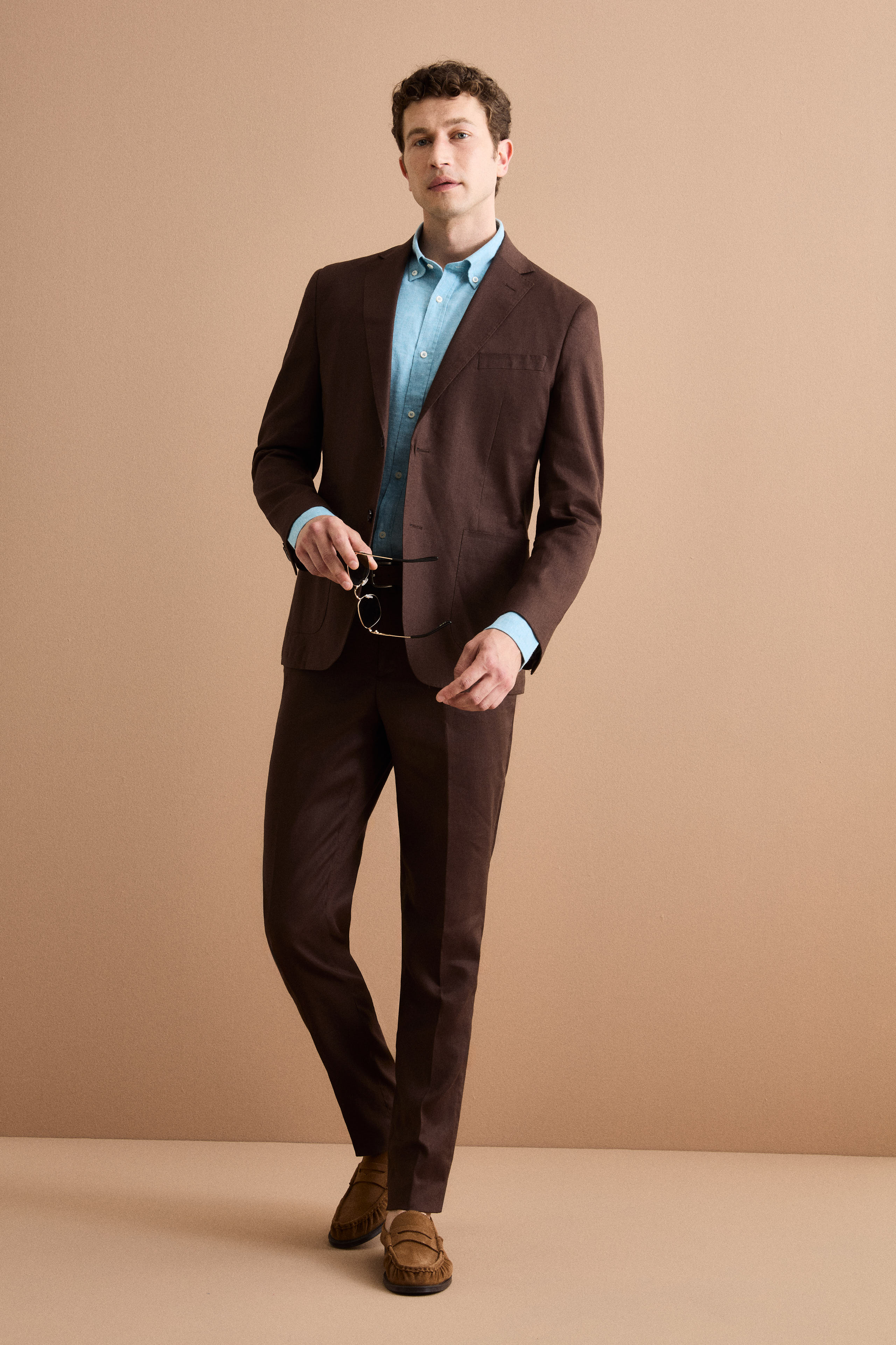 Regular Fit Einreihiger Leinenanzug - Dunkelbraun