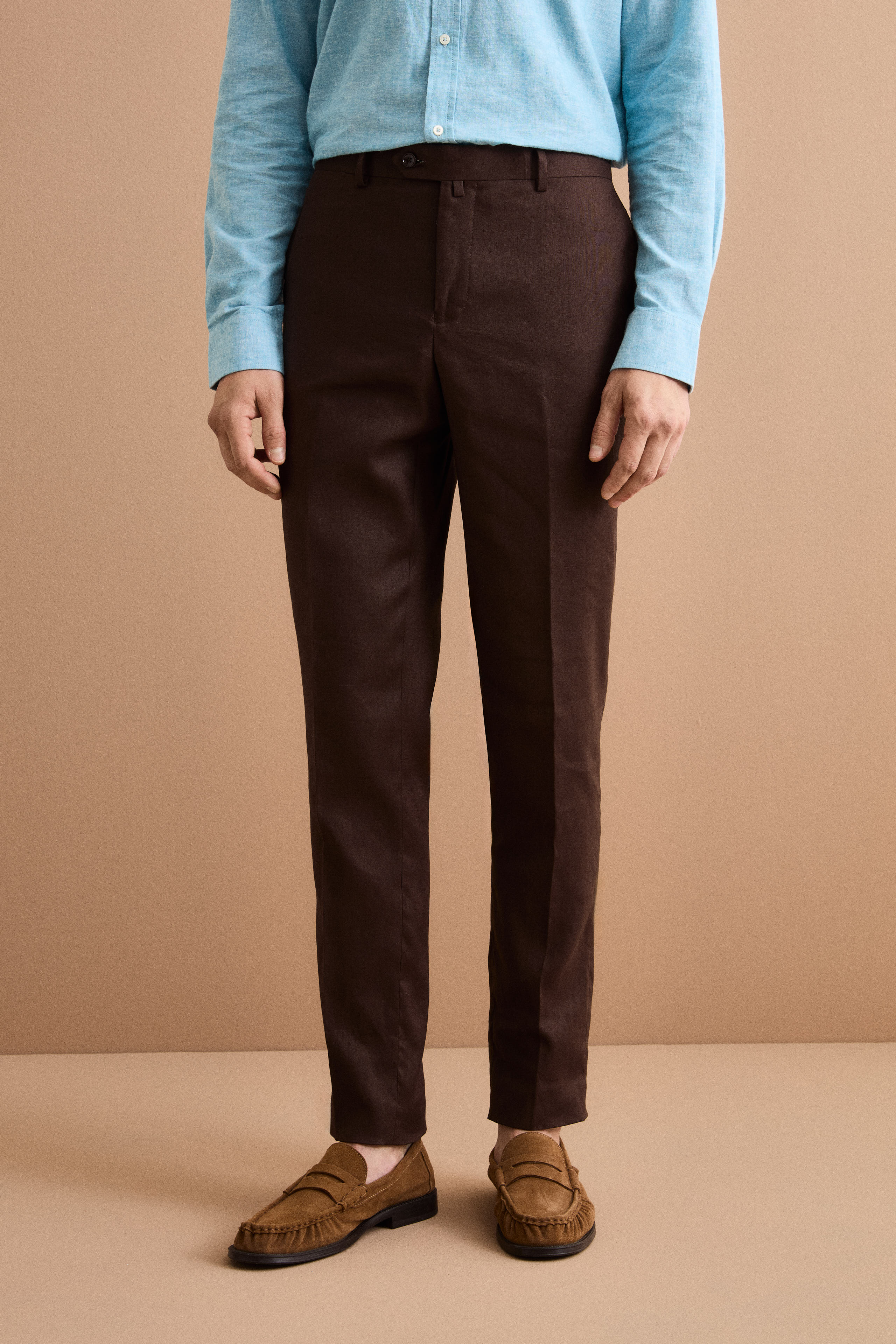 Regular Fit Einreihiger Leinenanzug - Dunkelbraun