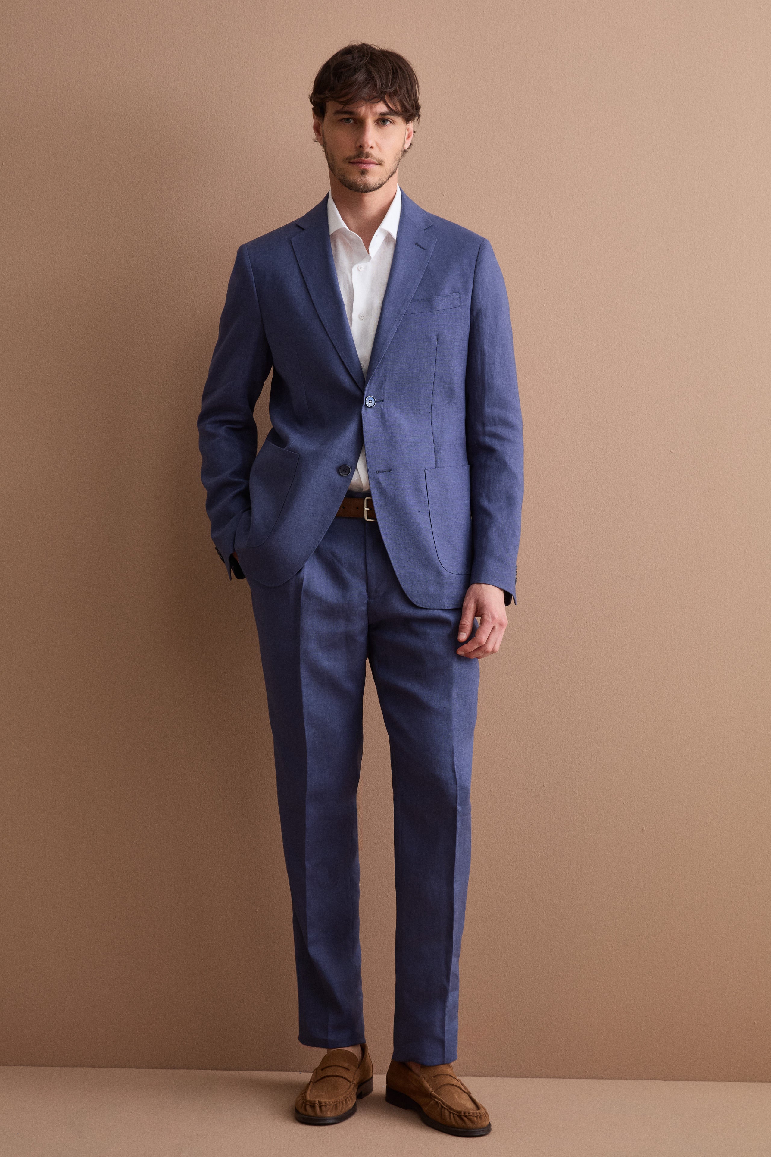 Slim Fit Halbgefütterter Leinenanzug - BLAU