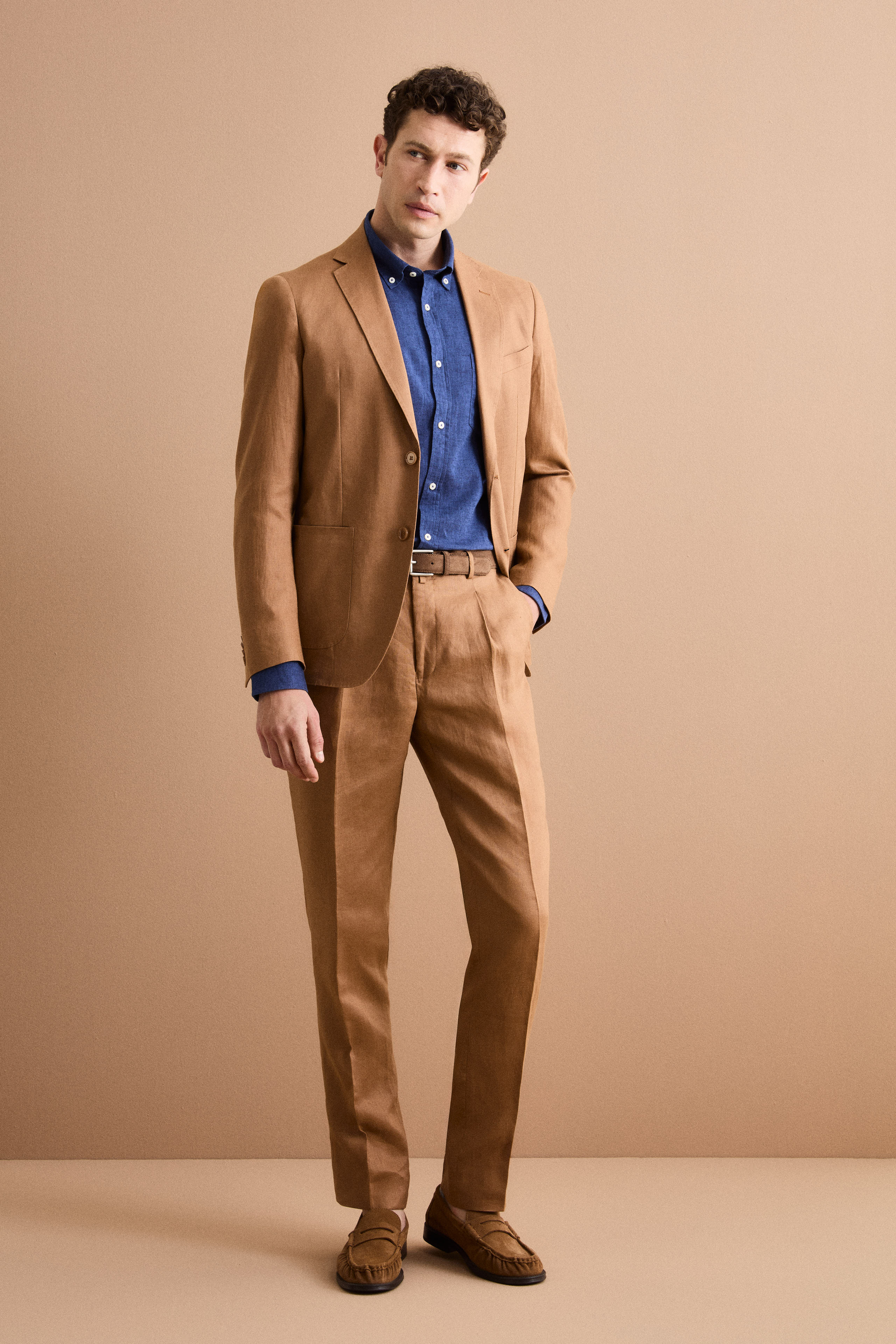 Slim Fit Halbgefütterter Leinenanzug - Wildleder