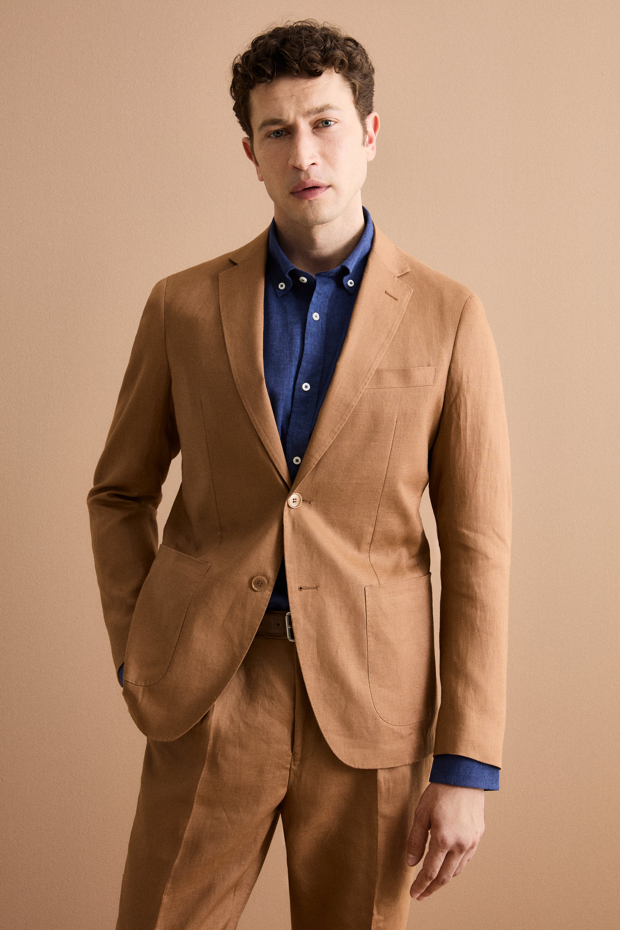 Slim Fit Halbgefütterter Leinenanzug - Wildleder