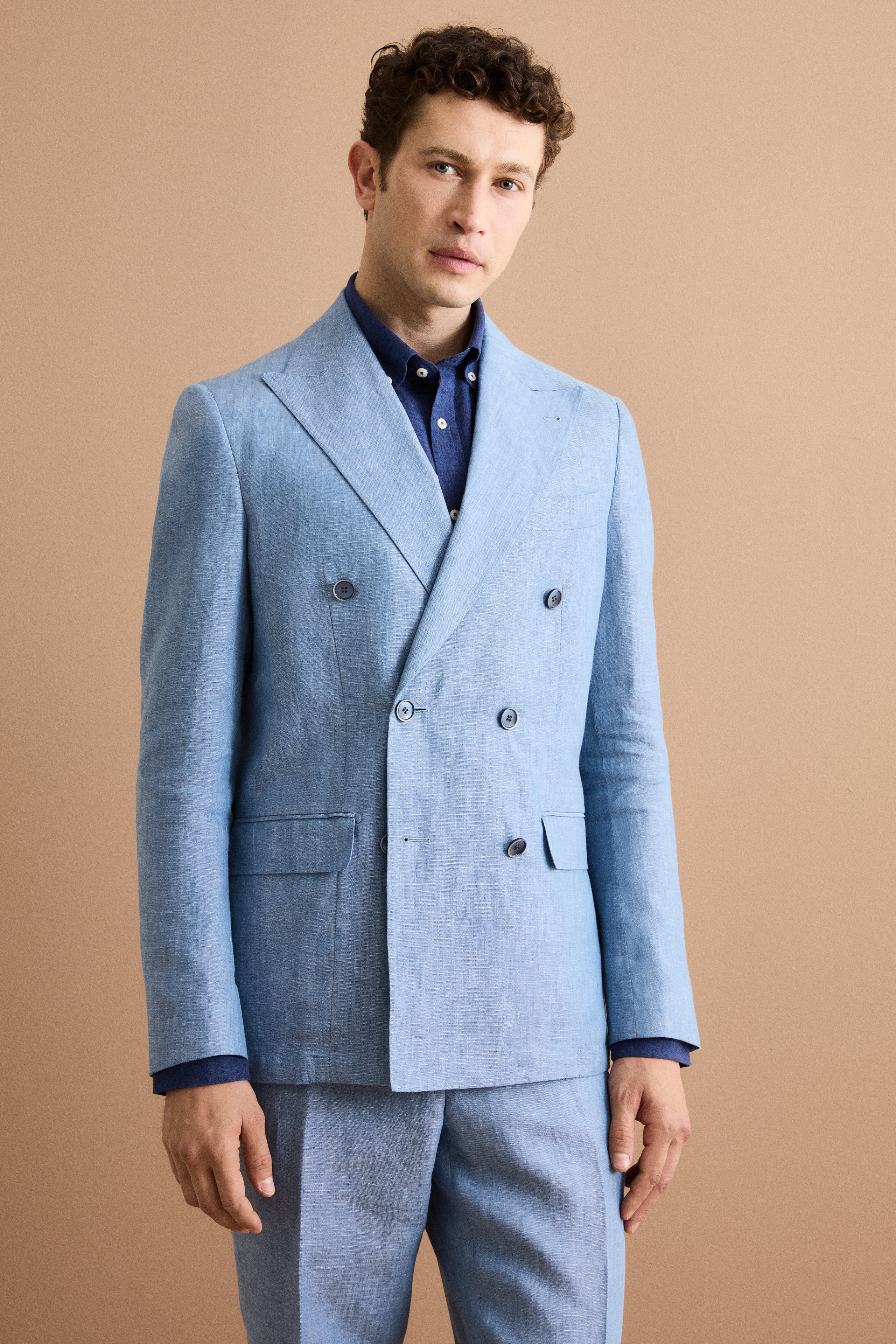 Slim Fit Zweireihiger Anzug aus Meliertem Leinen - Hellblau