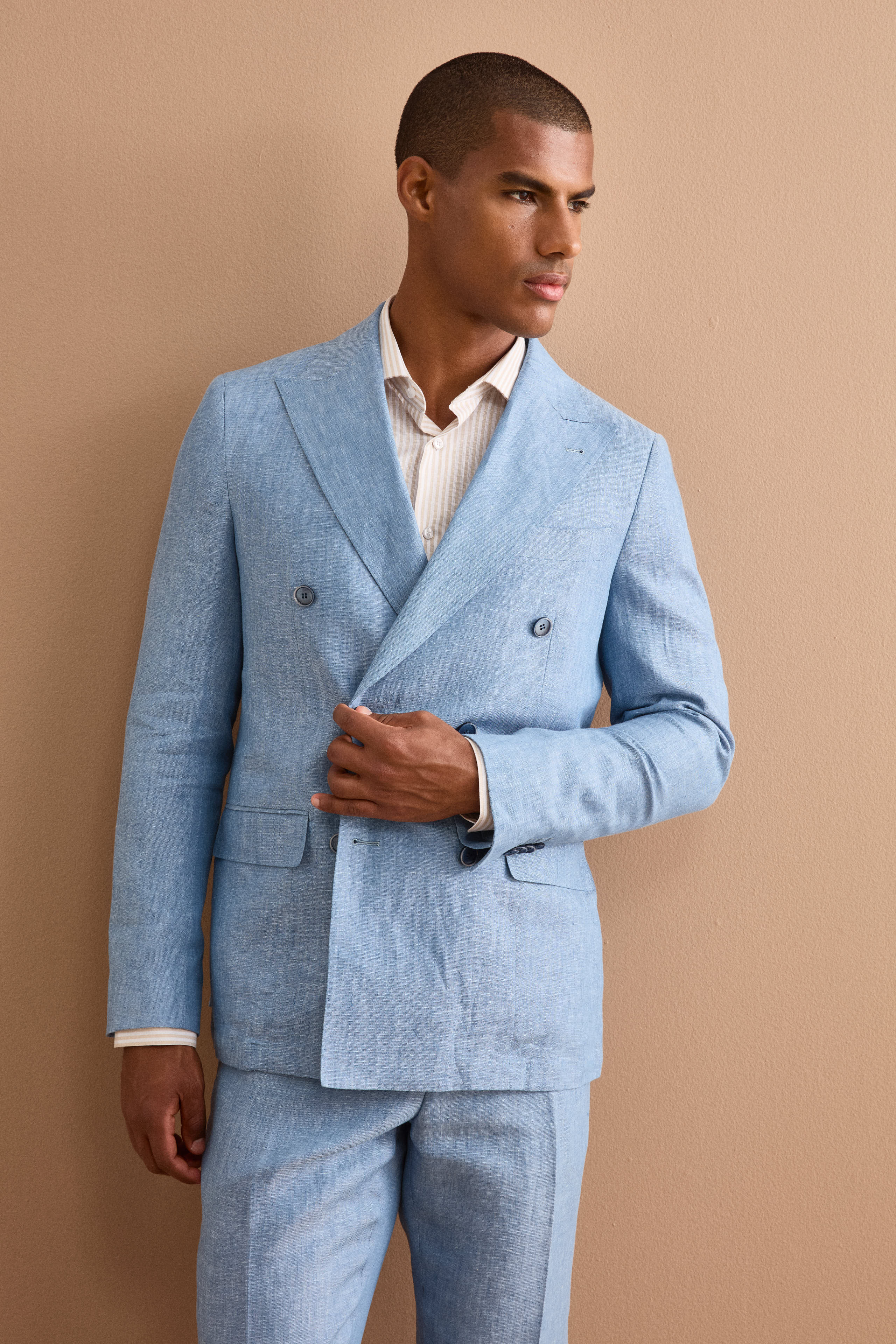 Slim Fit Zweireihiger Anzug aus Meliertem Leinen - Hellblau
