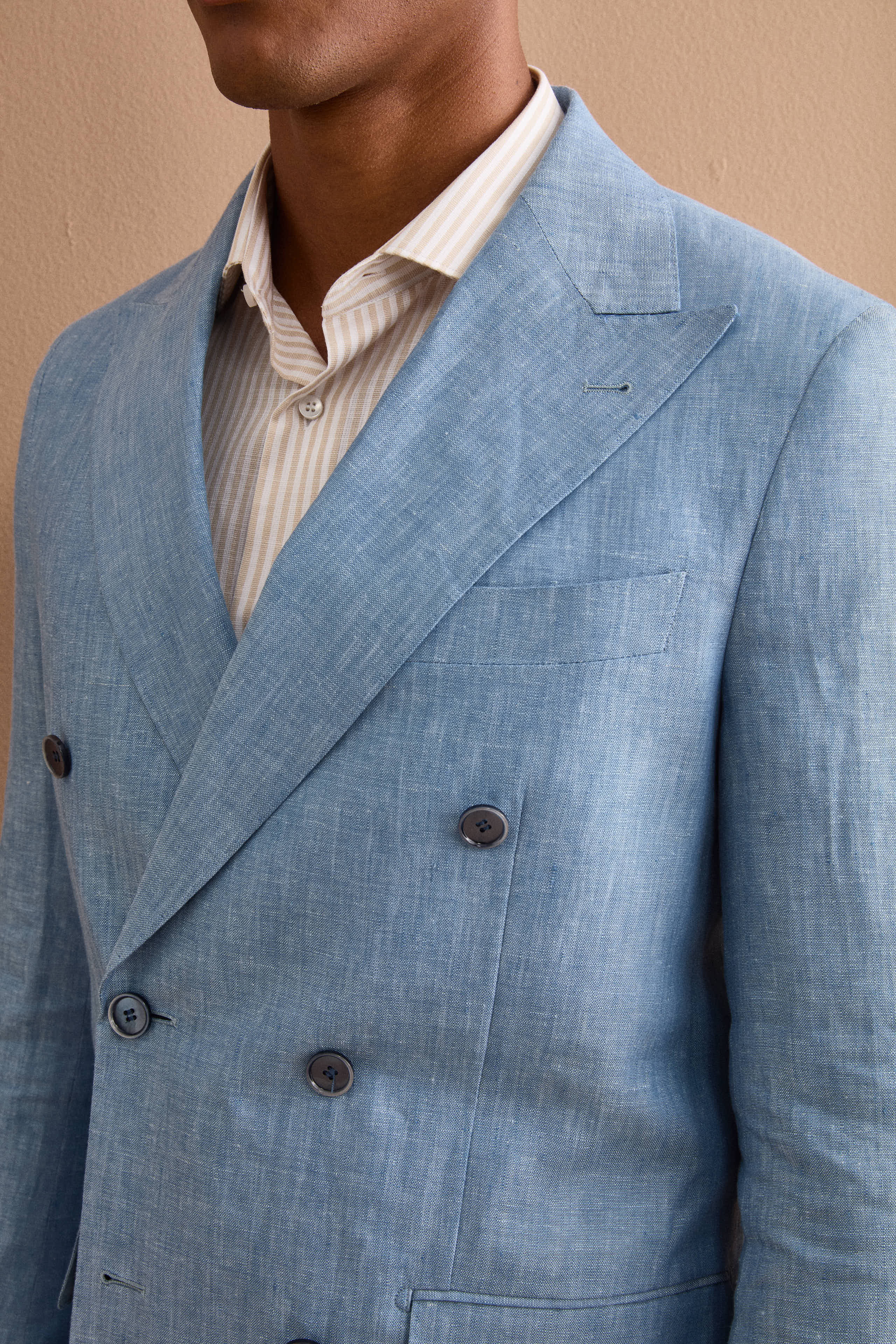 Costume Croisé Slim Fit en Lin Mélangé - Bleu clair