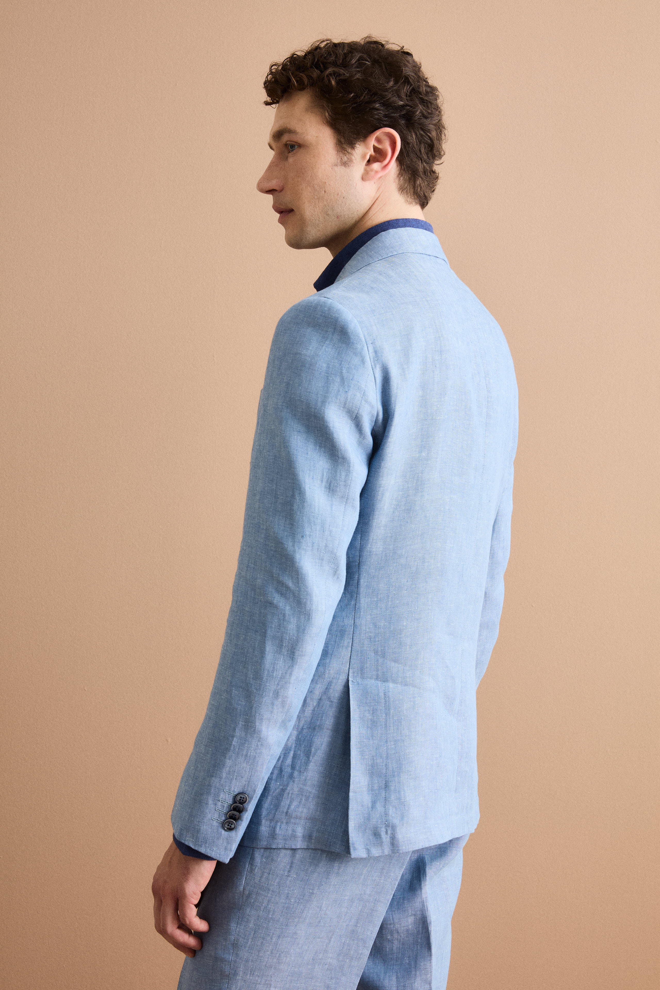 Slim Fit Zweireihiger Anzug aus Meliertem Leinen - Hellblau