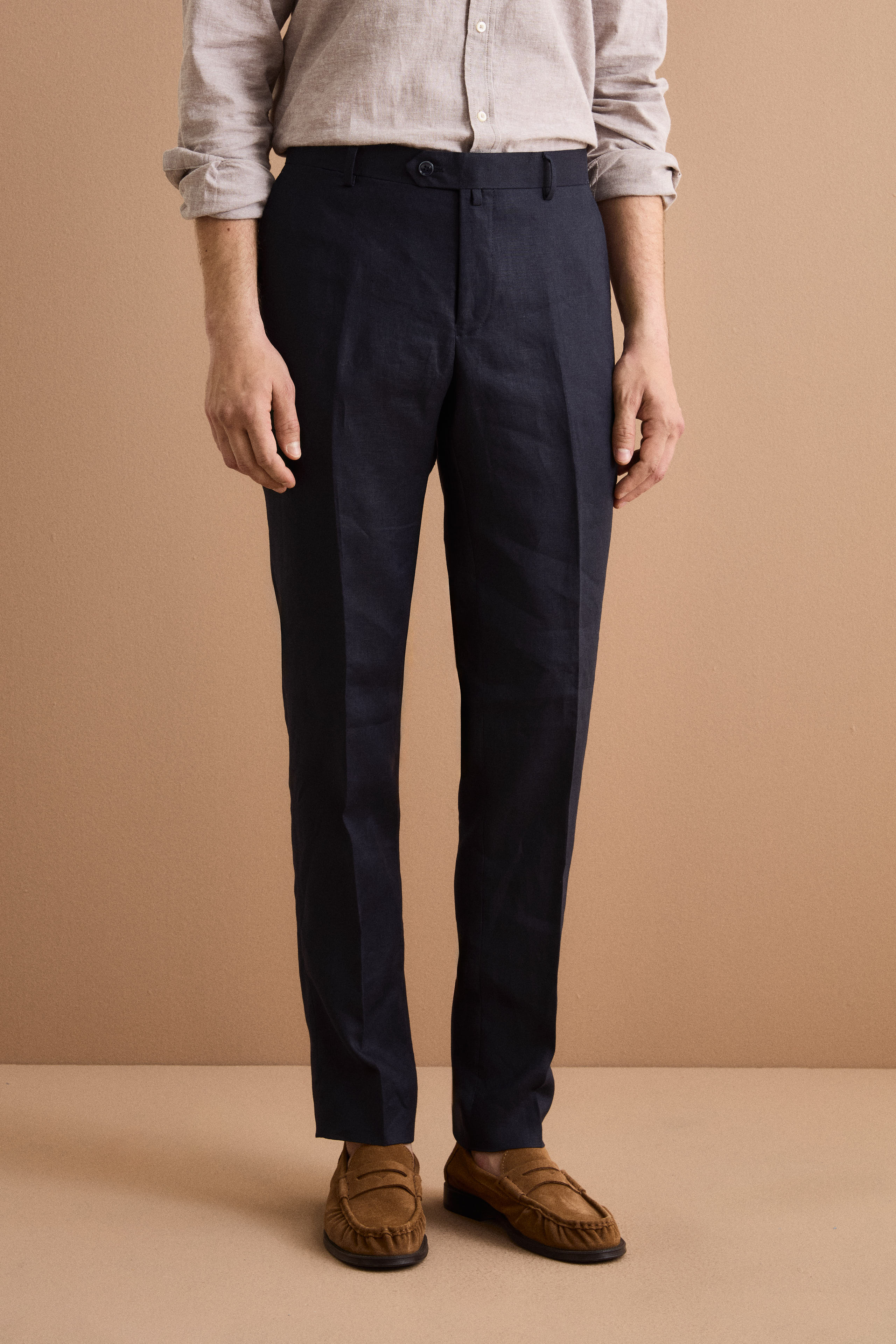 Comfort Fit Einreihiger Anzug aus Reinem Leinen - Marineblau