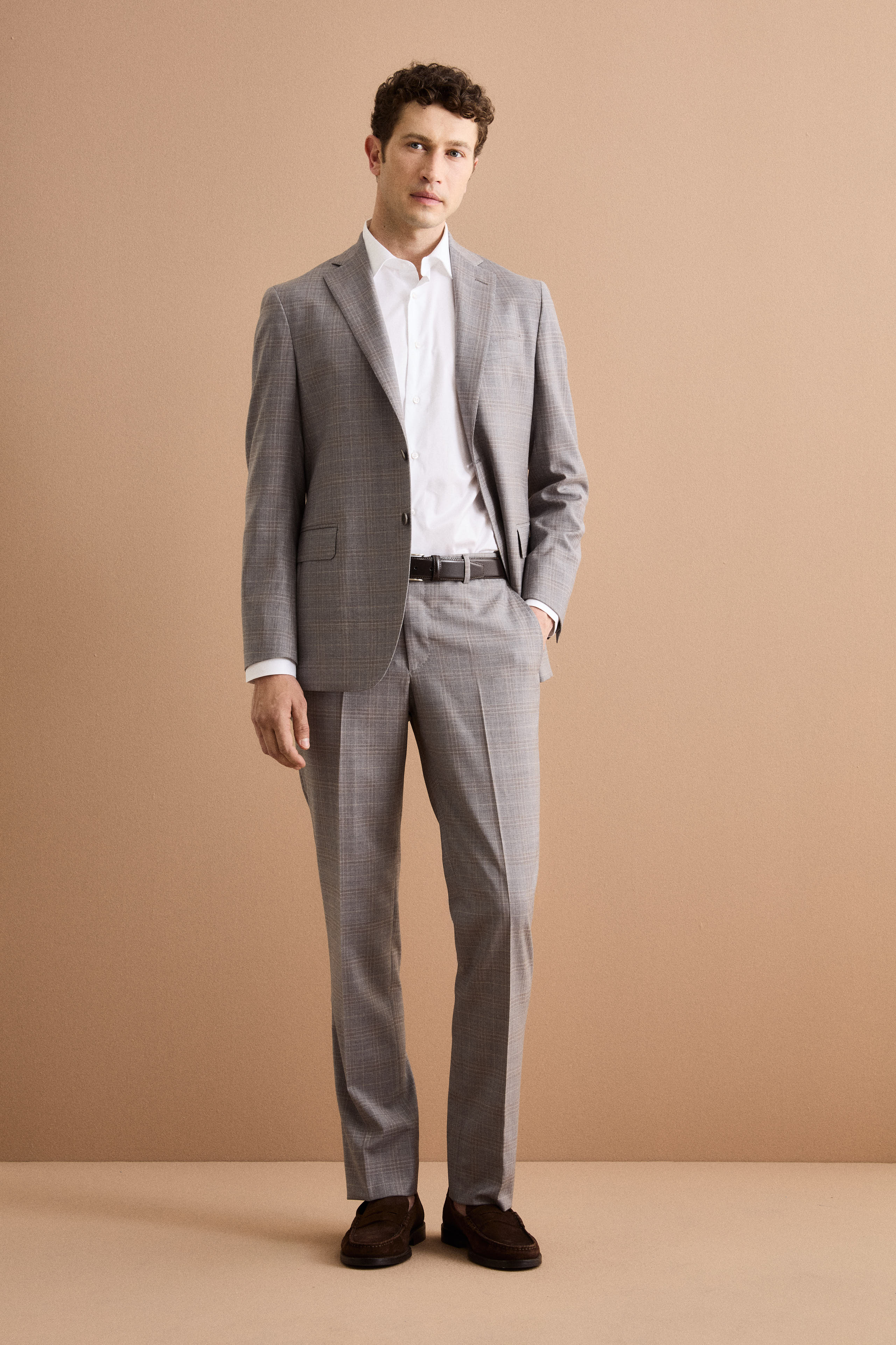 Einreihiger Anzug mit Karomuster aus Reiner Schurwolle - Hellgraues Karo