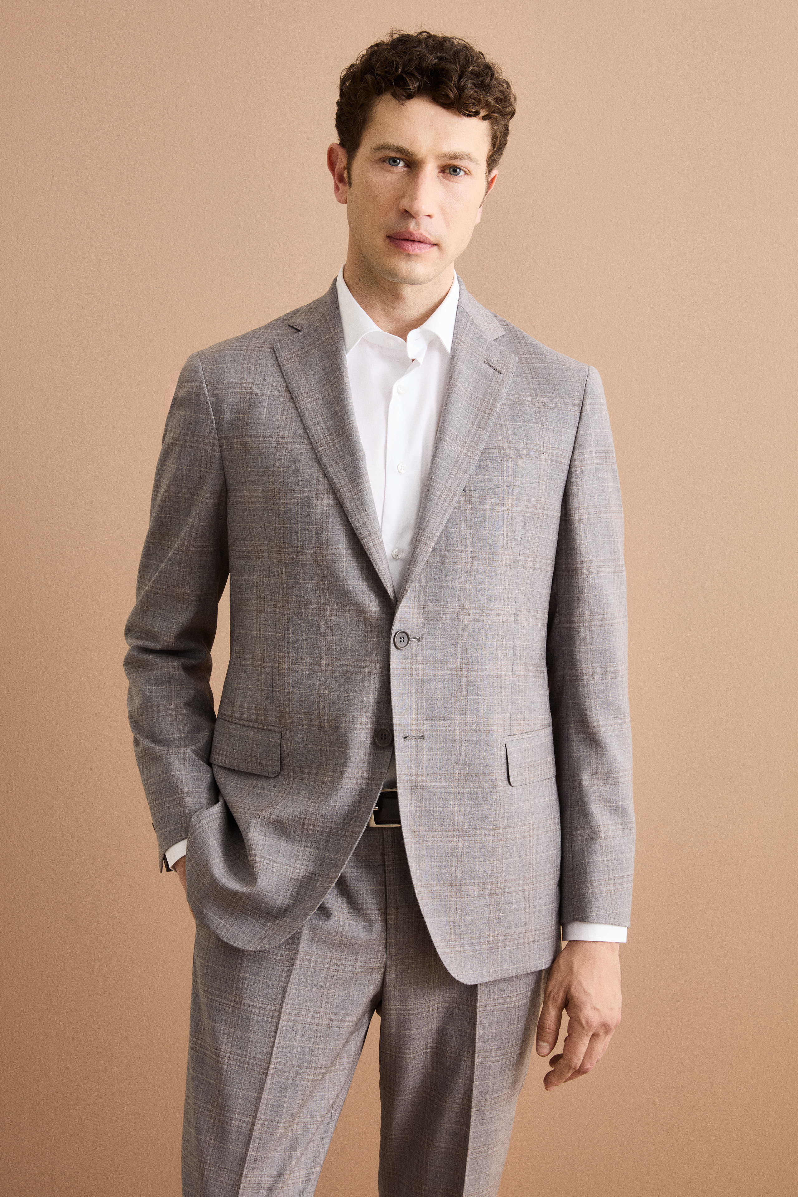 Einreihiger Anzug mit Karomuster aus Reiner Schurwolle - Hellgraues Karo