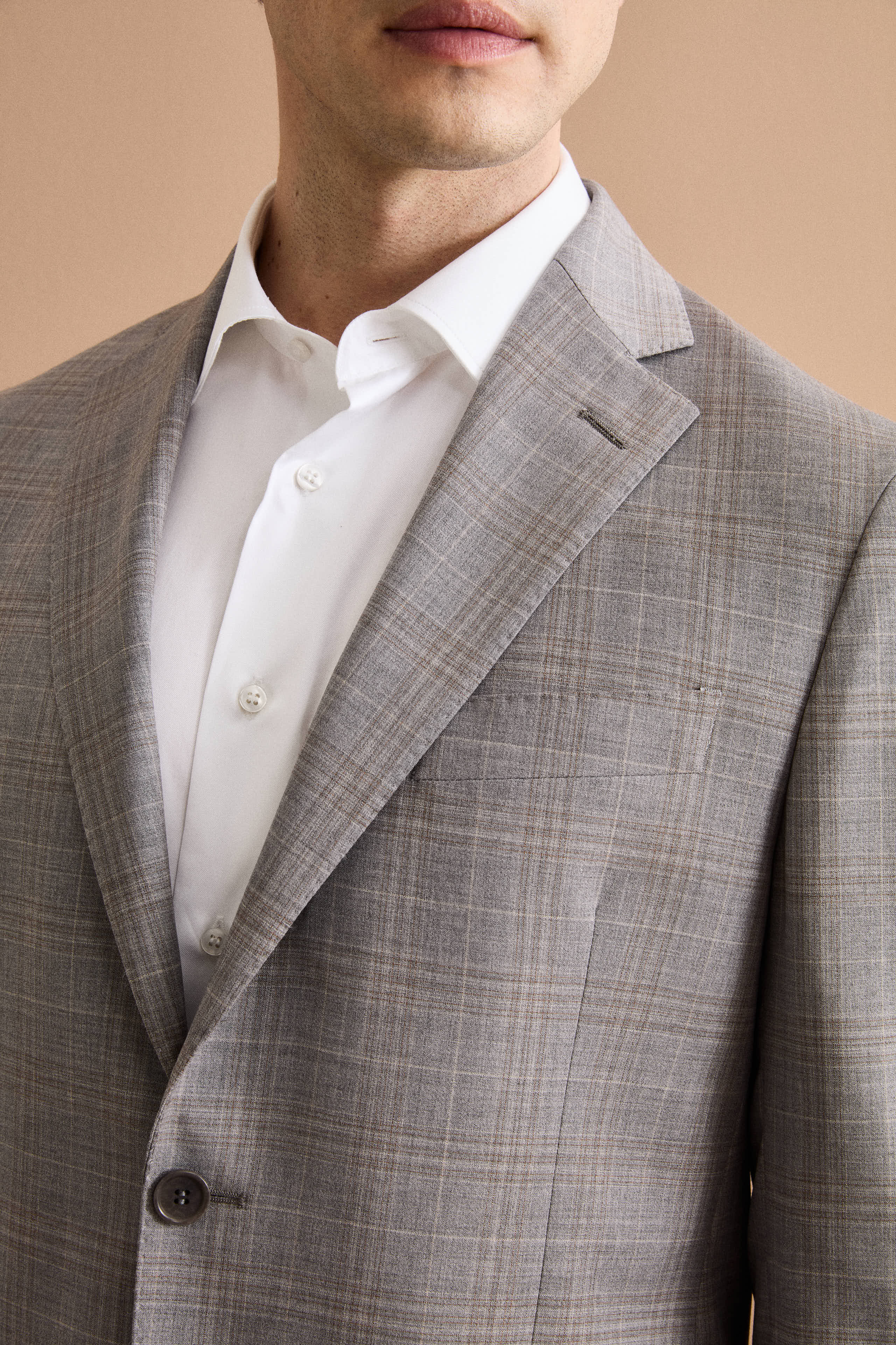 Einreihiger Anzug mit Karomuster aus Reiner Schurwolle - Hellgraues Karo