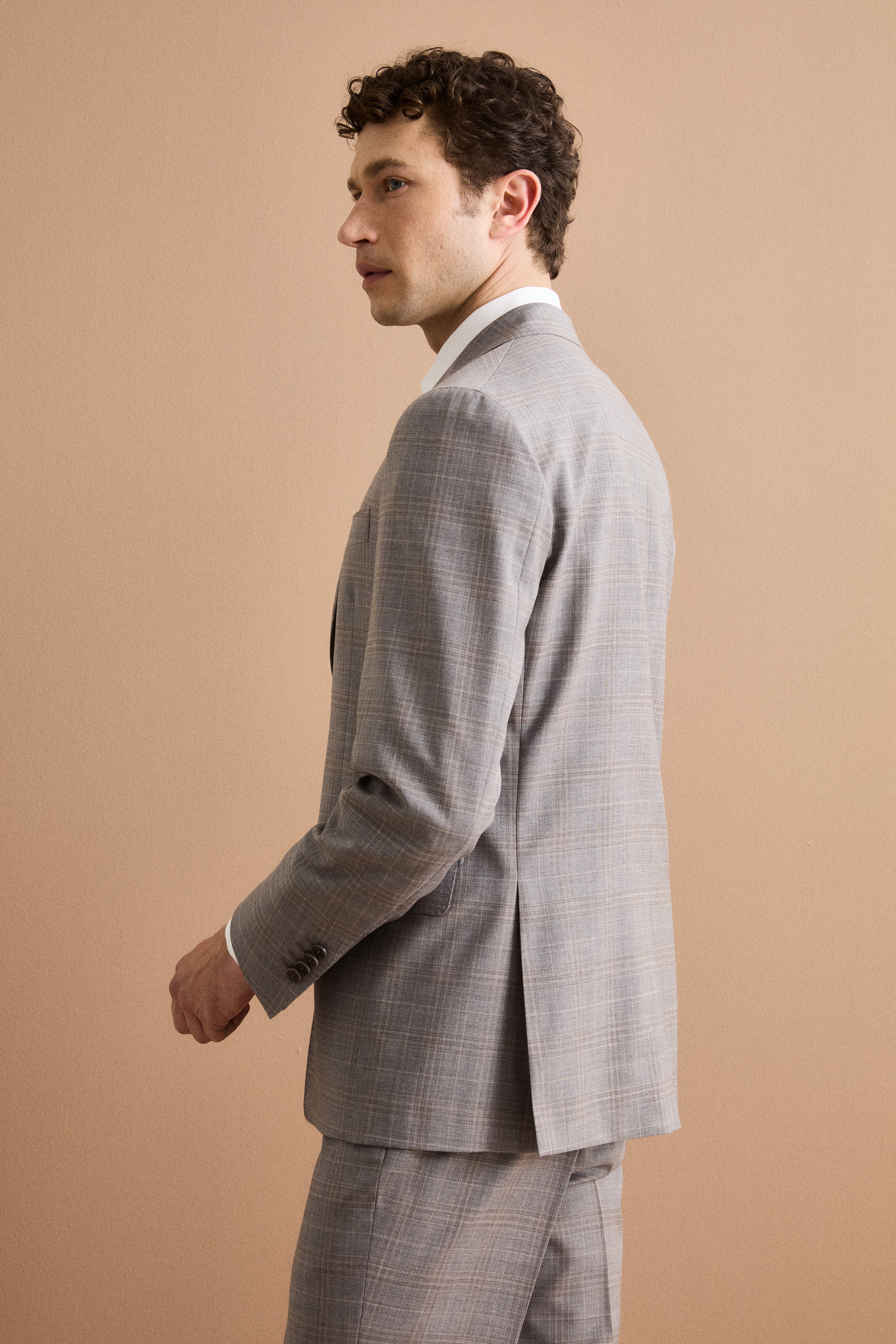 Einreihiger Anzug mit Karomuster aus Reiner Schurwolle - Hellgraues Karo