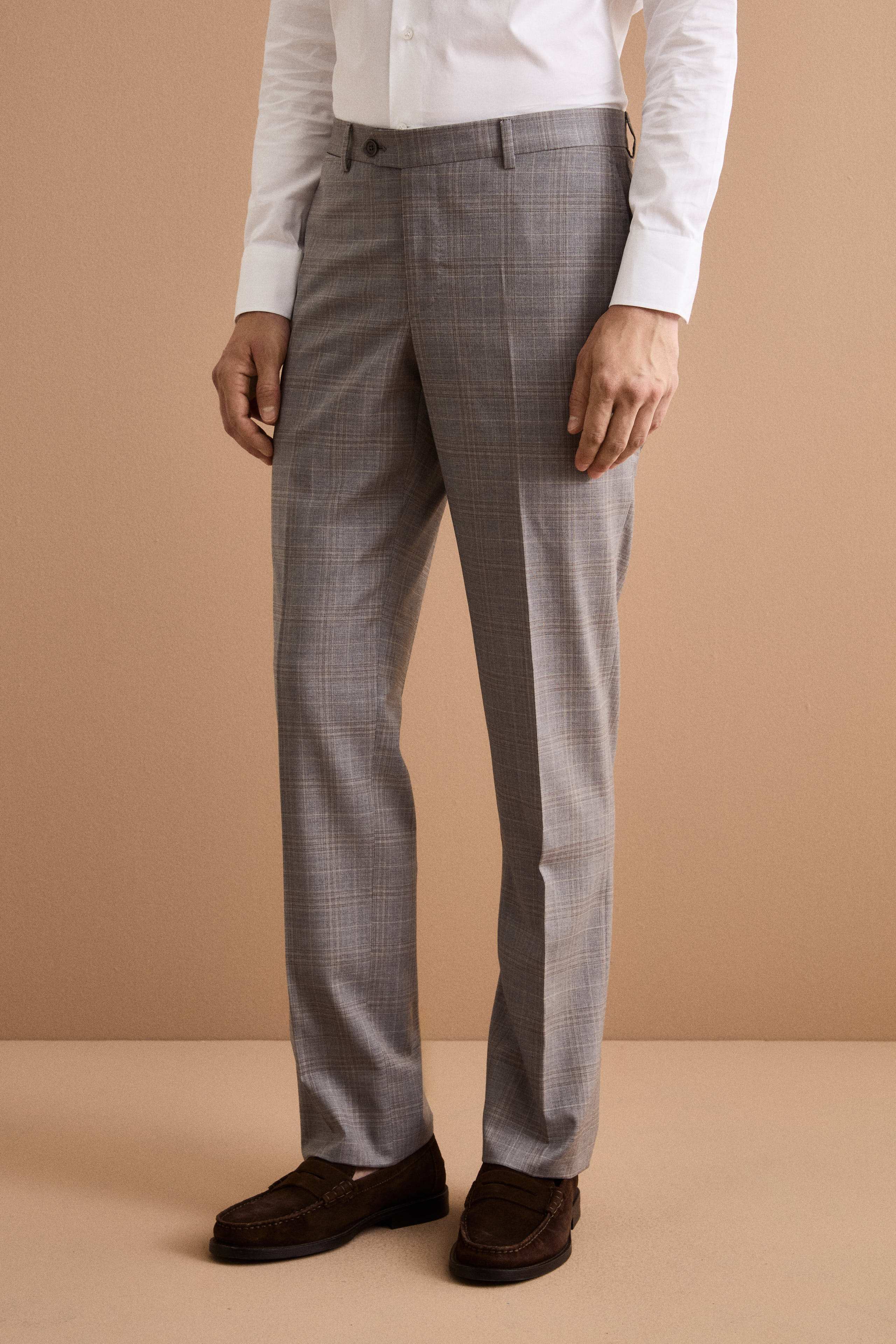 Einreihiger Anzug mit Karomuster aus Reiner Schurwolle - Hellgraues Karo