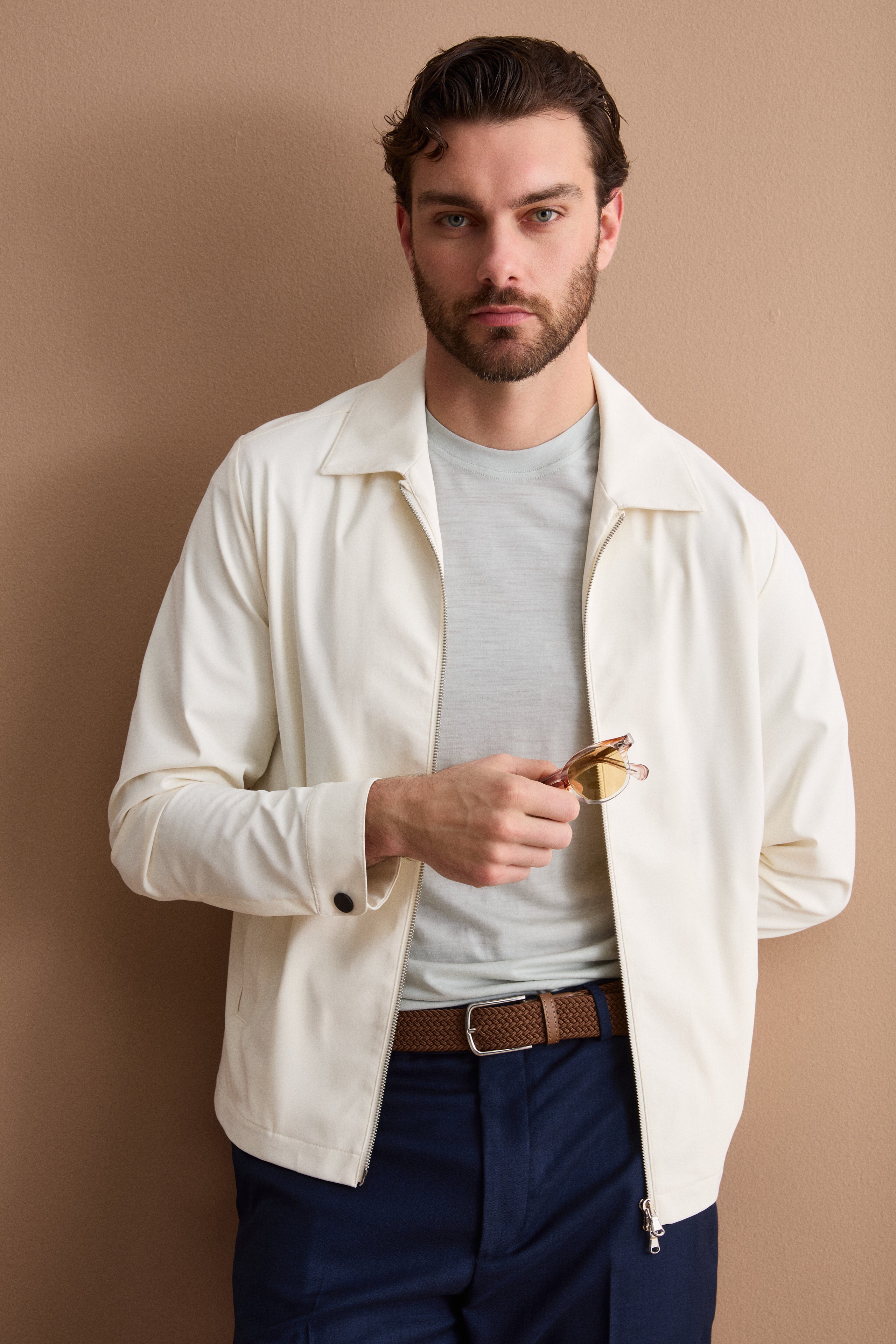 Jersey Overshirt Jacket with Zip - CREAM