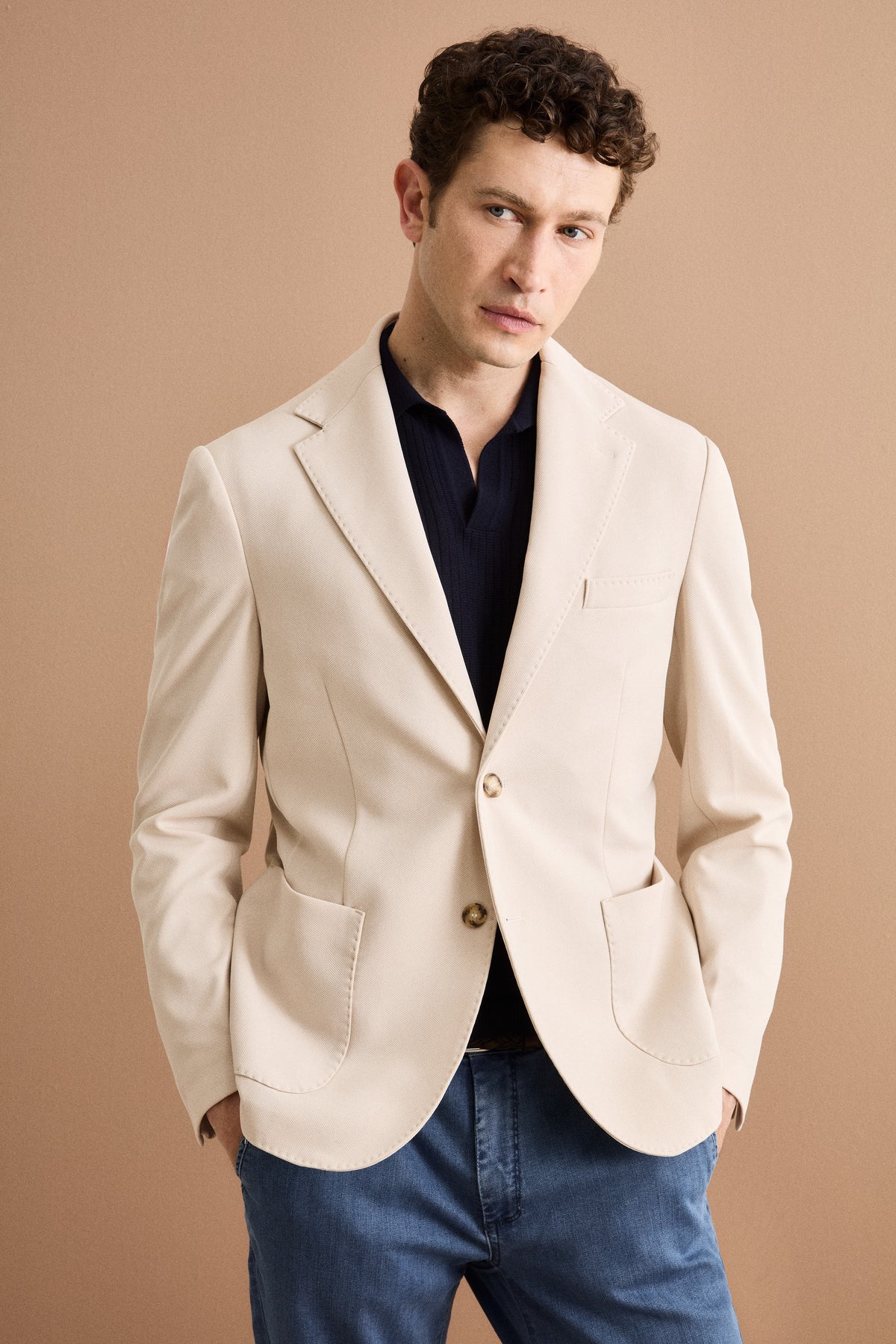 Half Lining Slim Fit Half-Lined Jacket with Classic Lapel - BEIGE