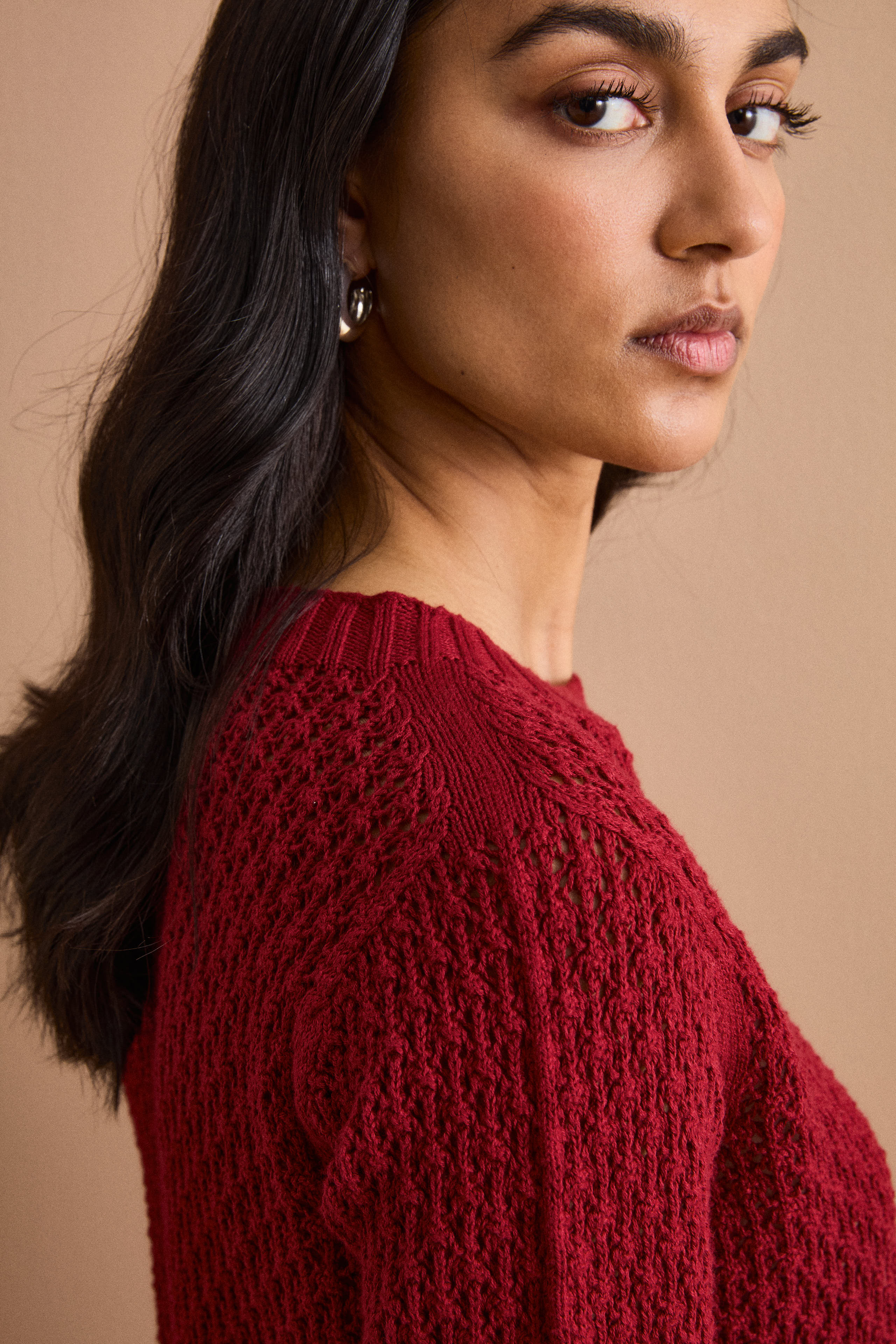 Maglia Traforata in Cotone con Scollo Barchetta - BORDEAUX CHIARO