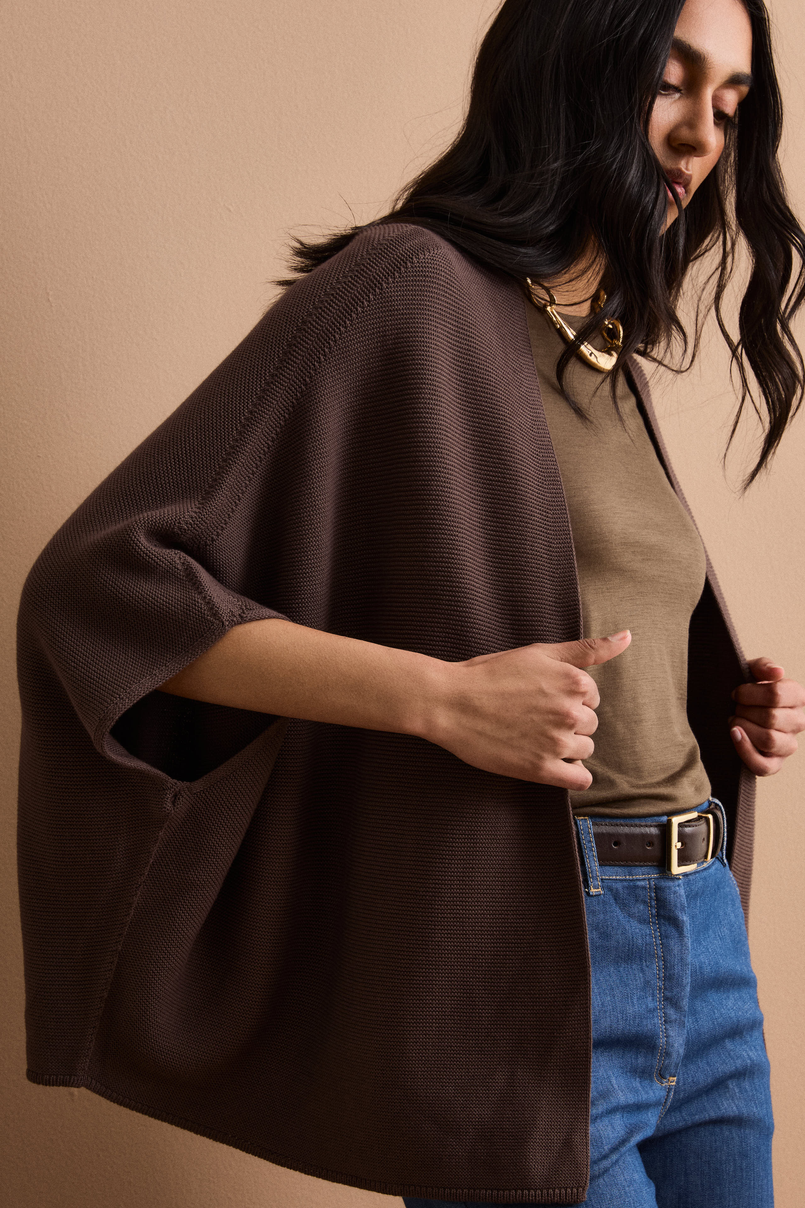 Langer Cardigan aus Baumwolle mit Kimonoärmeln - Warmes Braun