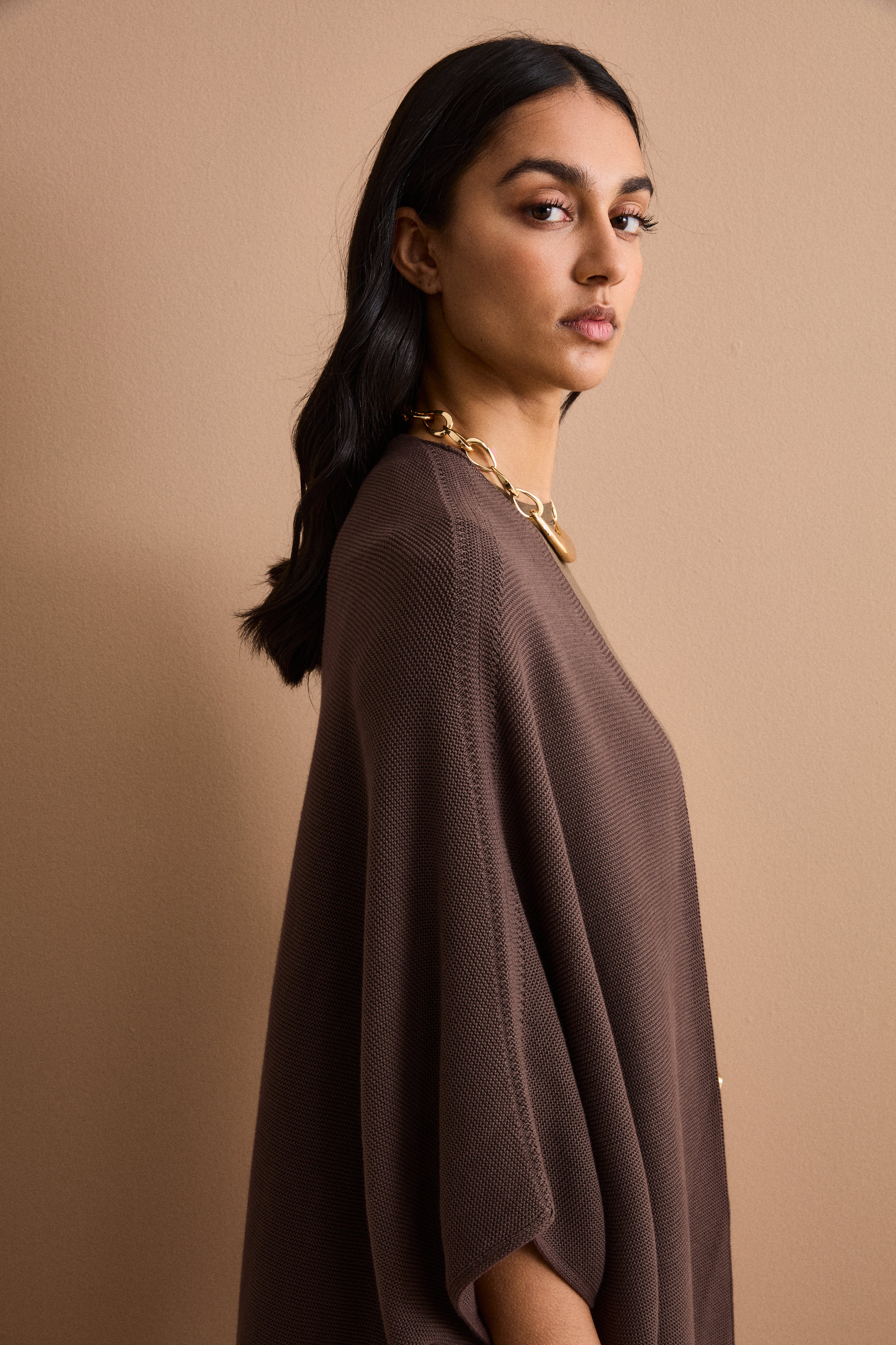 Langer Cardigan aus Baumwolle mit Kimonoärmeln - Warmes Braun