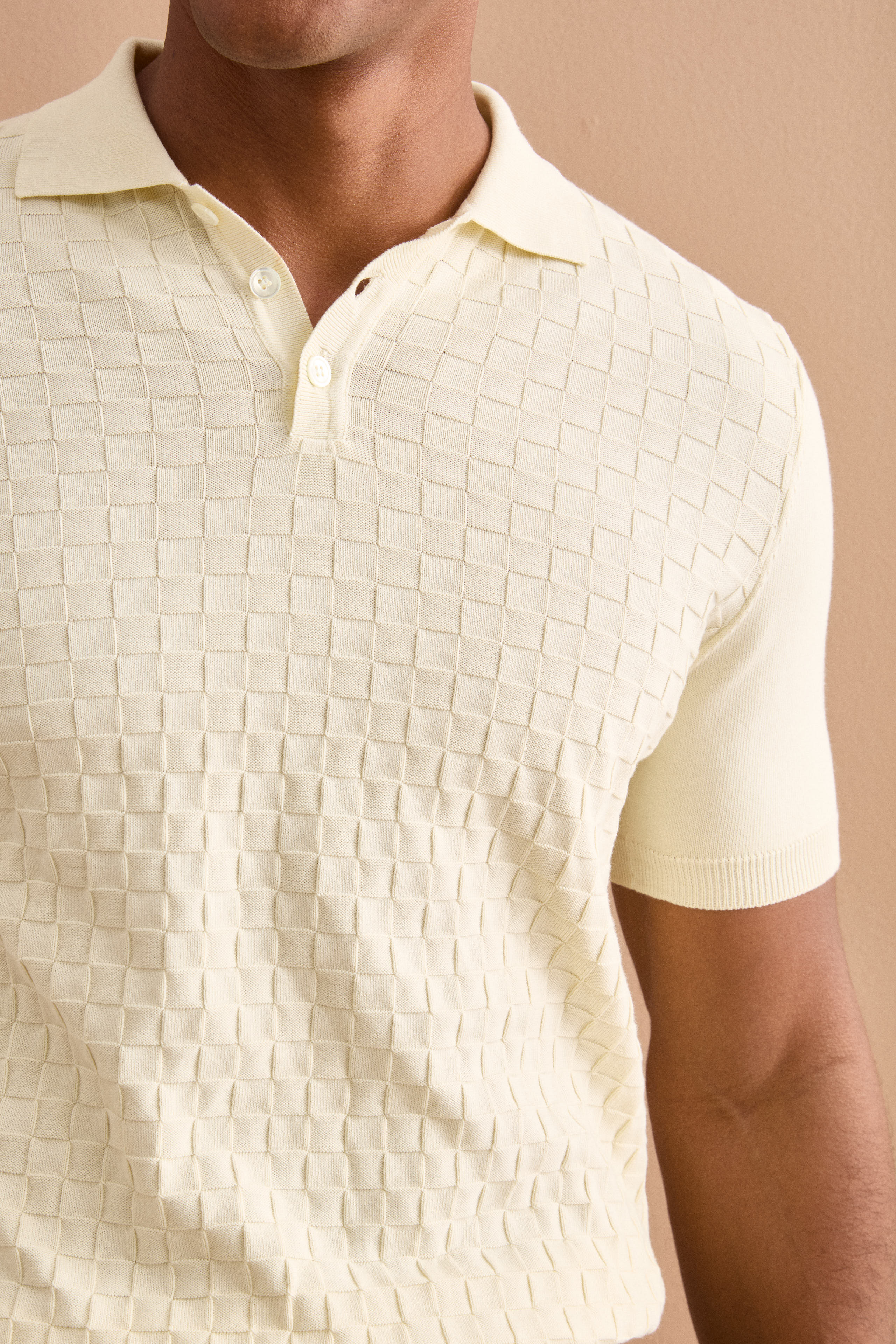 Kurzarm-Poloshirt aus Baumwolle mit Damaststruktur - Elfenbein