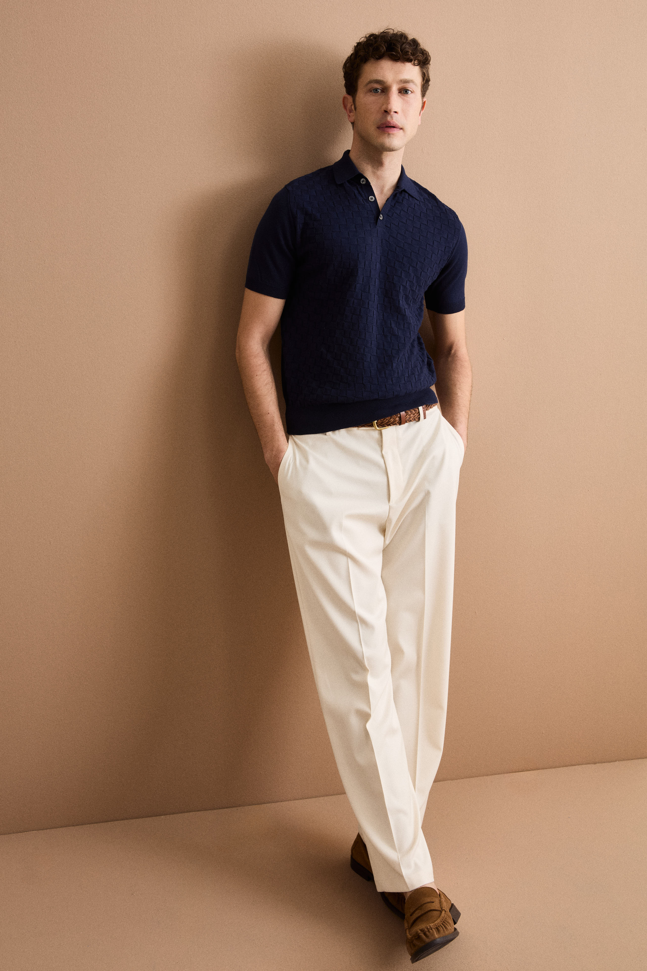 Kurzarm-Poloshirt aus Baumwolle mit Damaststruktur - BLAU