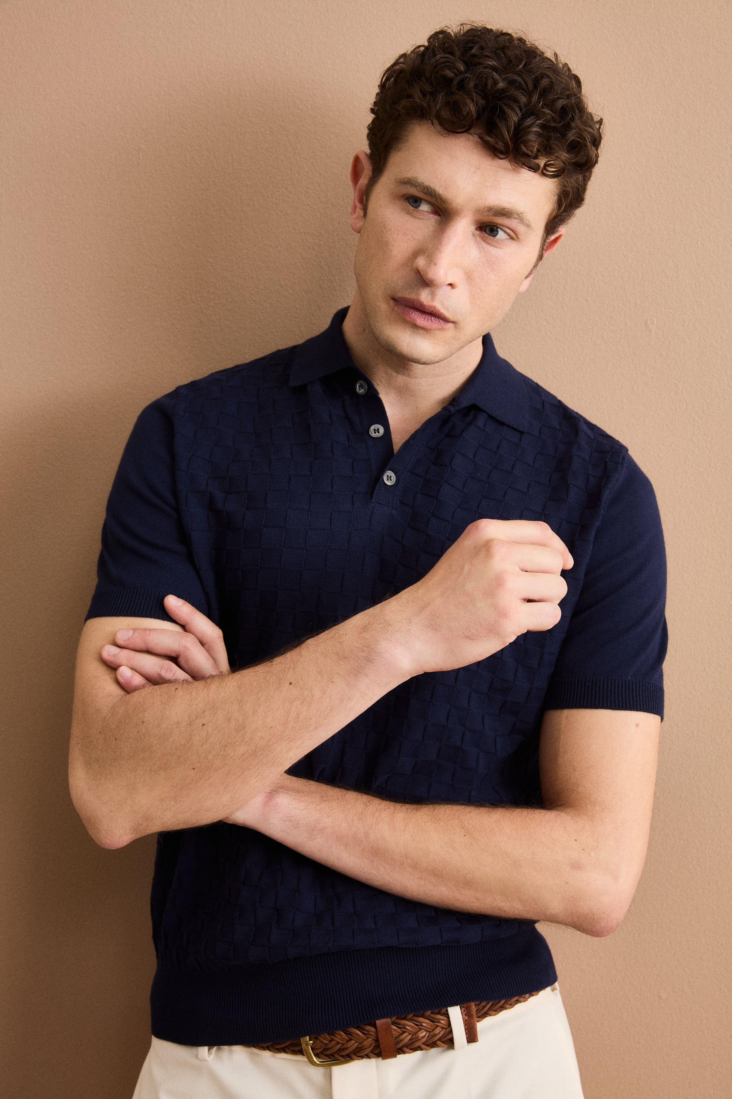 Kurzarm-Poloshirt aus Baumwolle mit Damaststruktur - BLAU