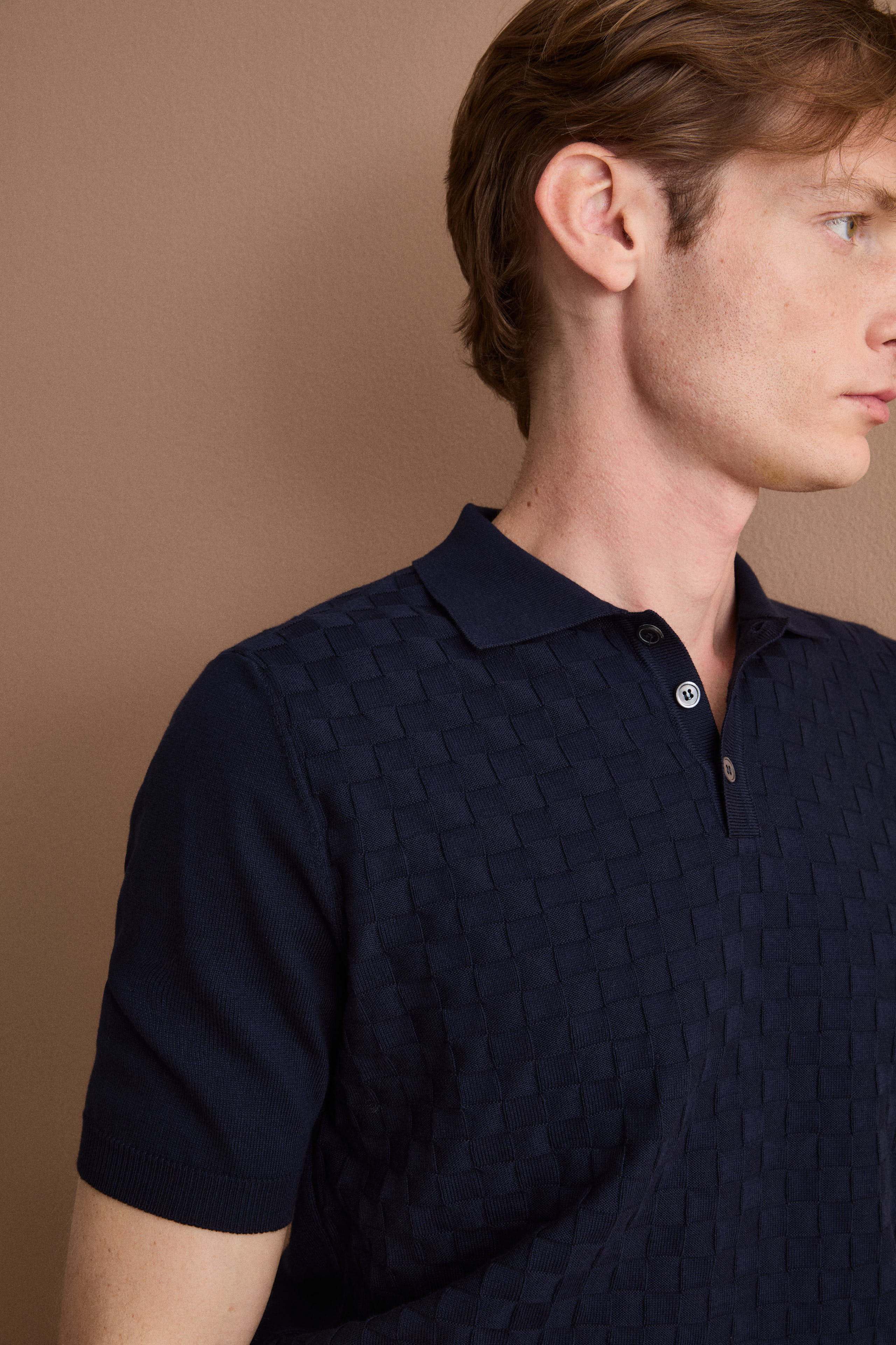 Polo en Coton à Motif Damier à Manches Courtes - BLEU