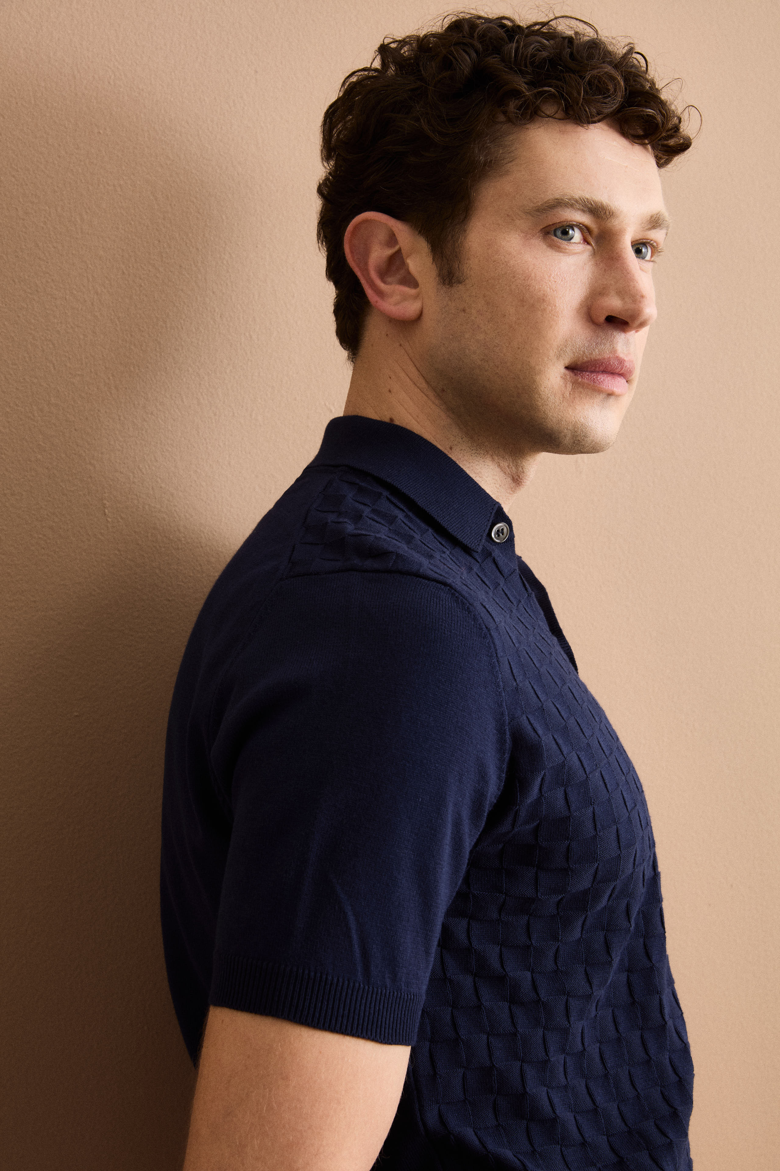 Kurzarm-Poloshirt aus Baumwolle mit Damaststruktur - BLAU