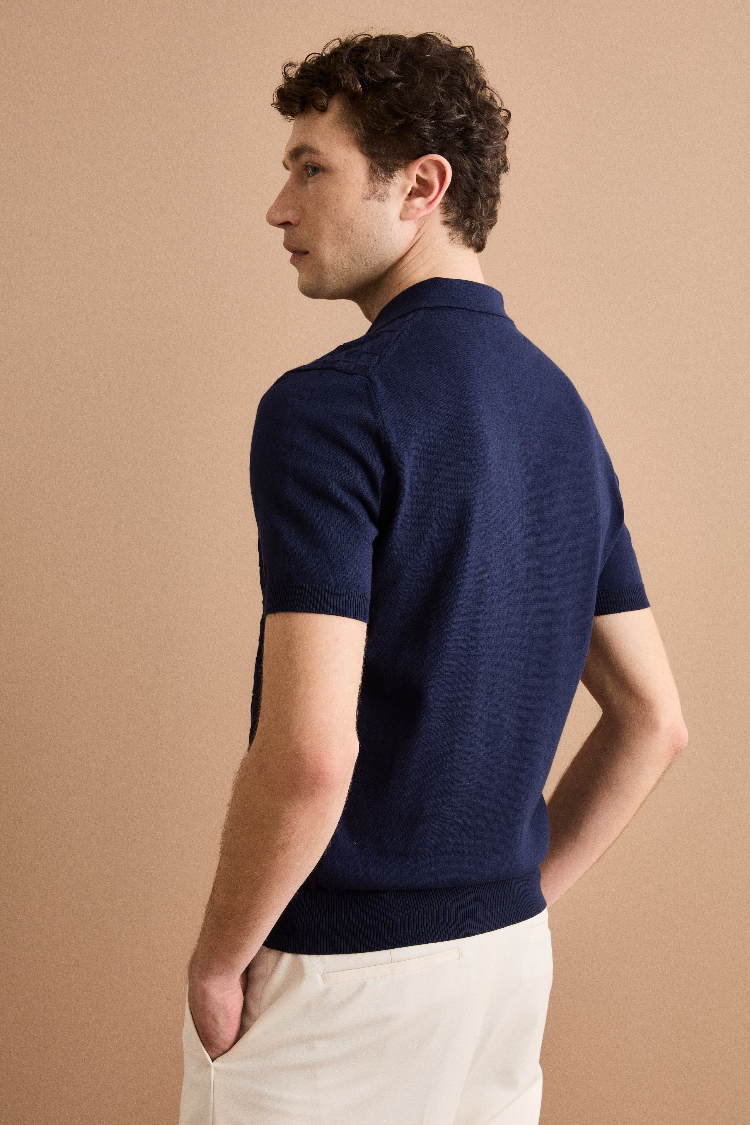 Kurzarm-Poloshirt aus Baumwolle mit Damaststruktur - BLAU