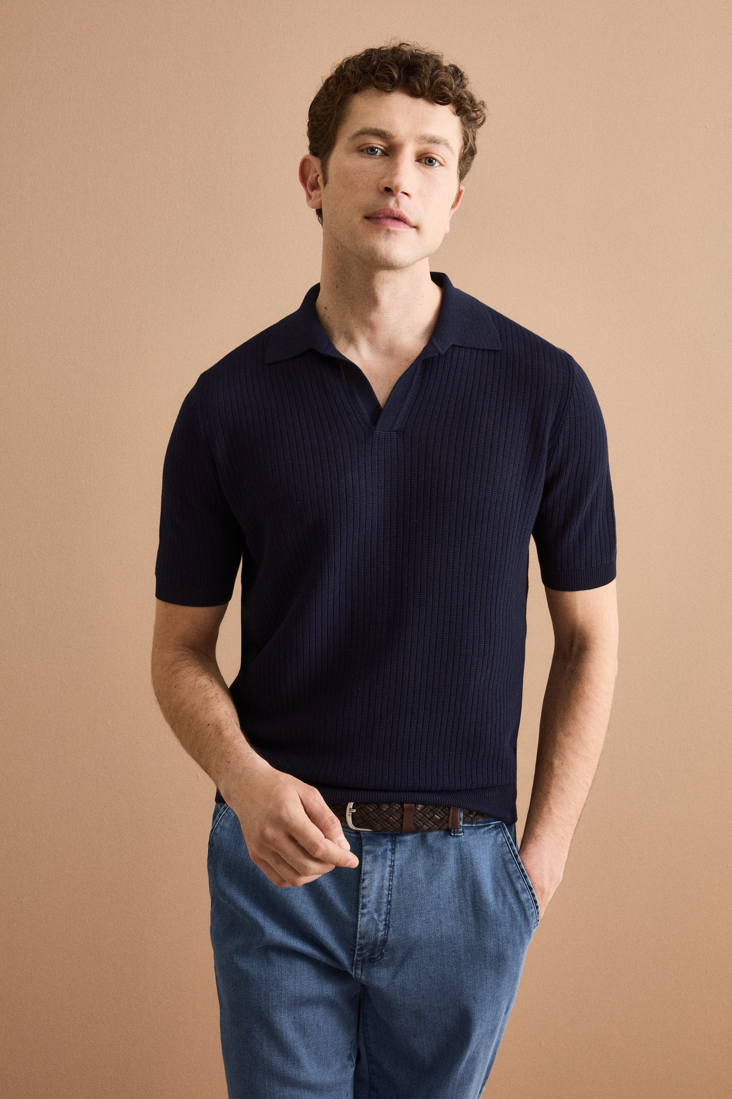 Baumwoll-Poloshirt Derby Kurzarm mit Rippenstruktur - BLAU