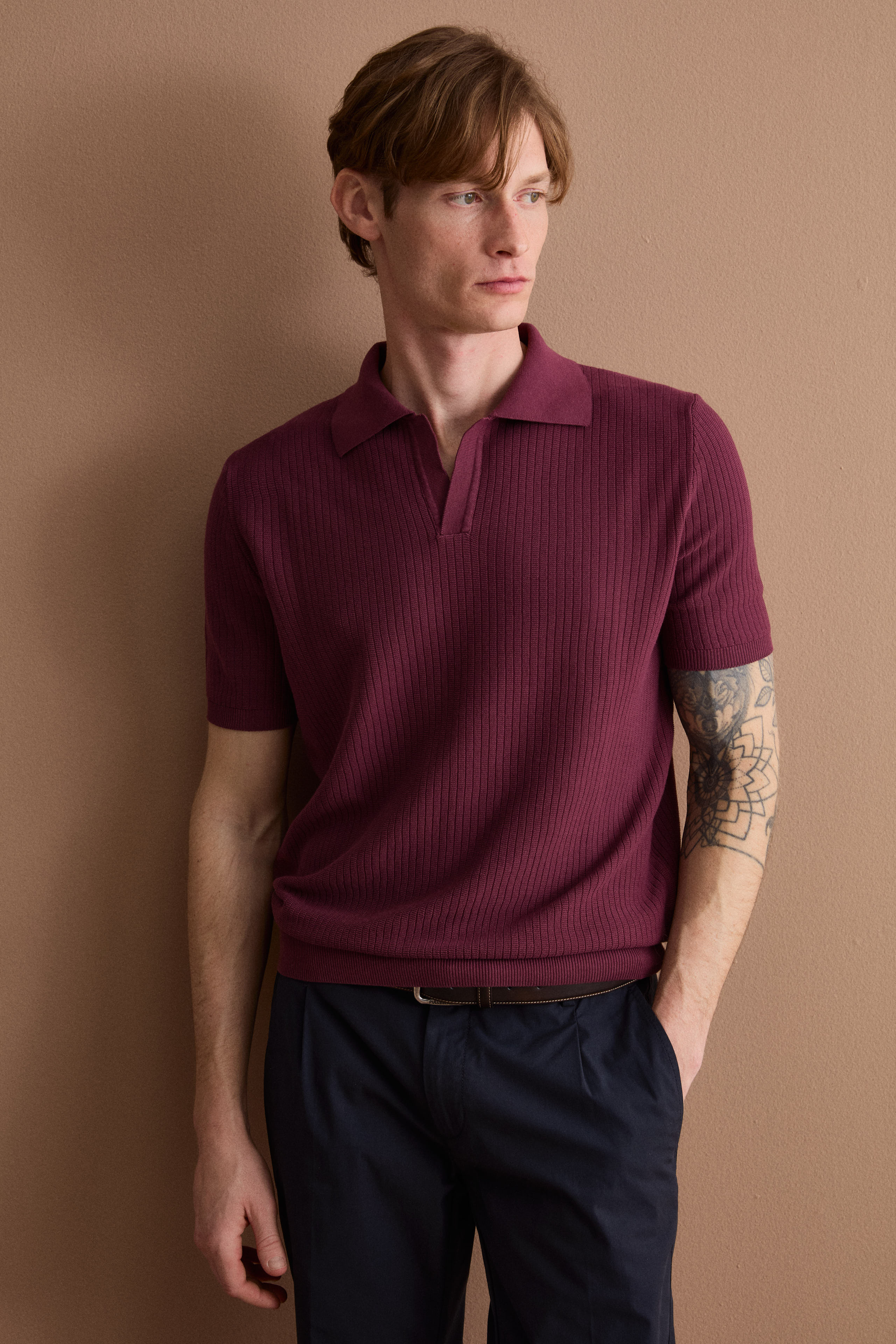 Polo Derby Mezza Manica a Coste in Cotone - BORDEAUX