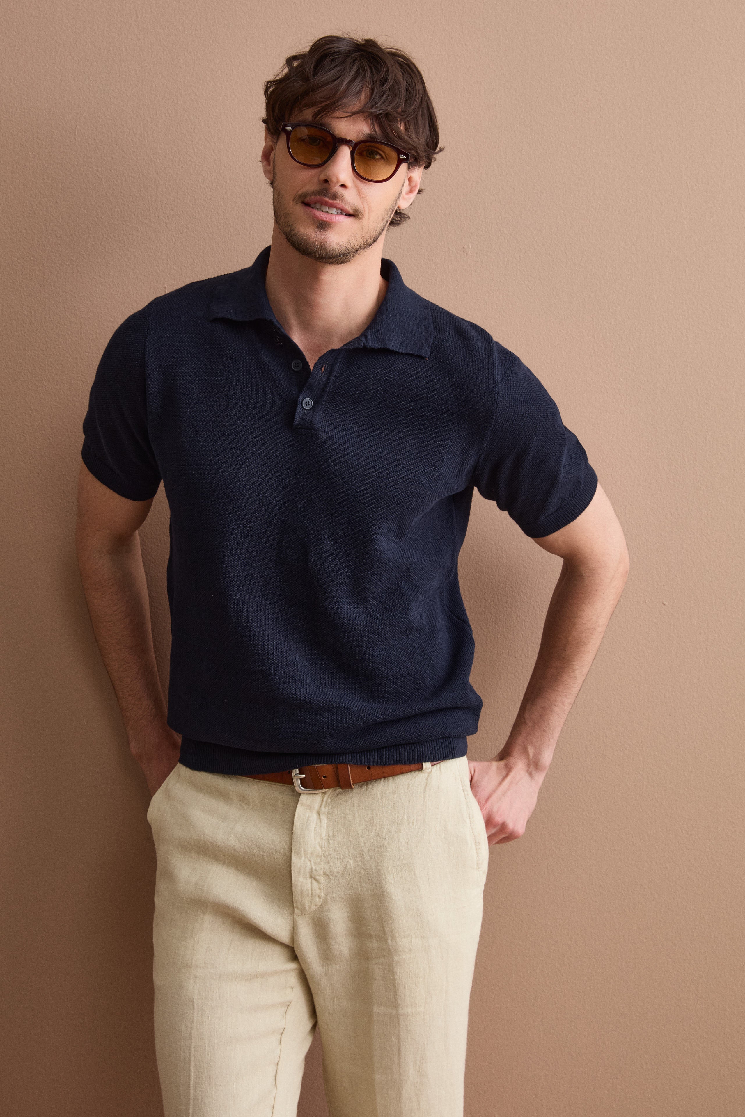 Kurzarm-Poloshirt aus Leinenmischung-Piqué - BLAU