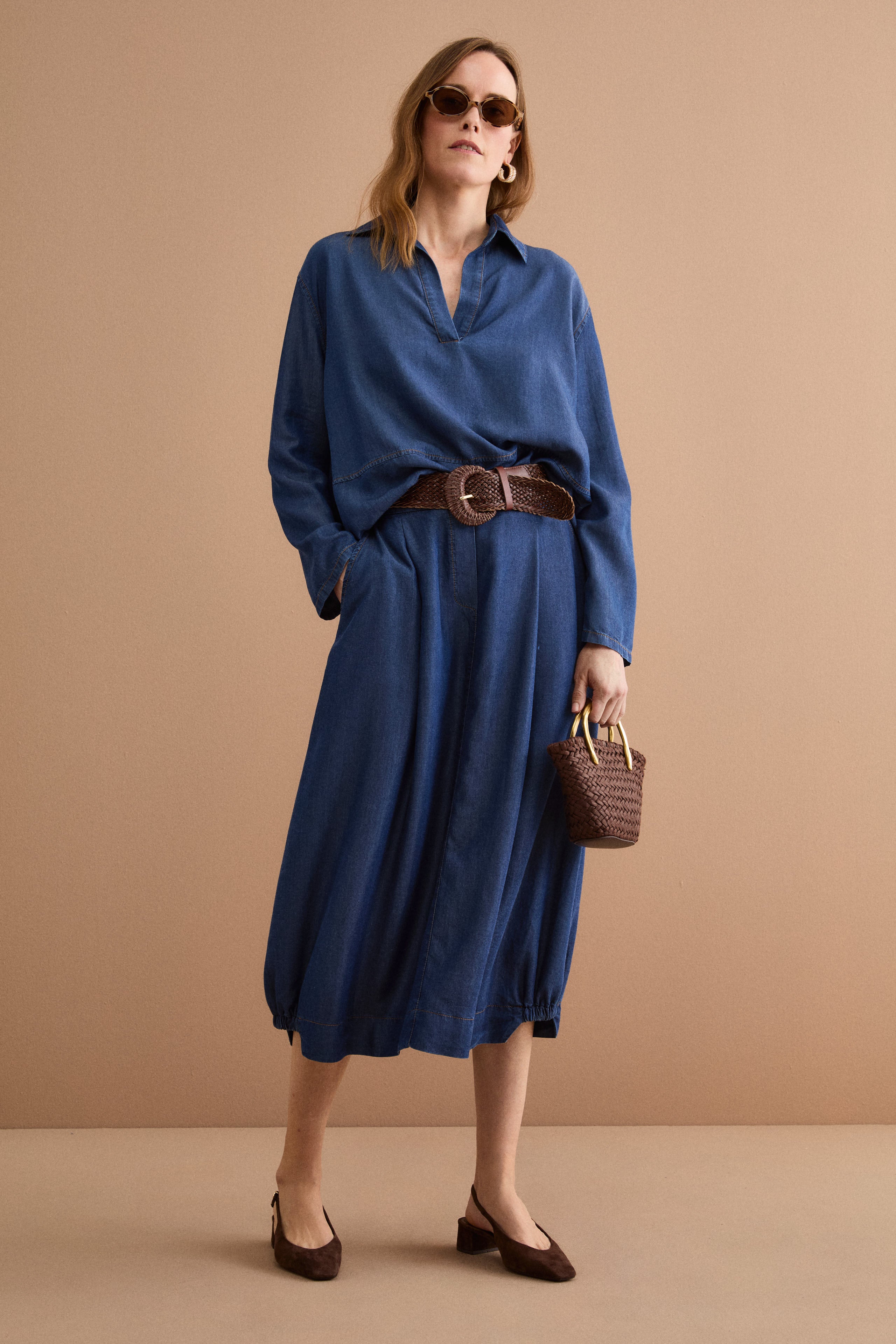 Long Denim Skirt with Pockets - DENIM