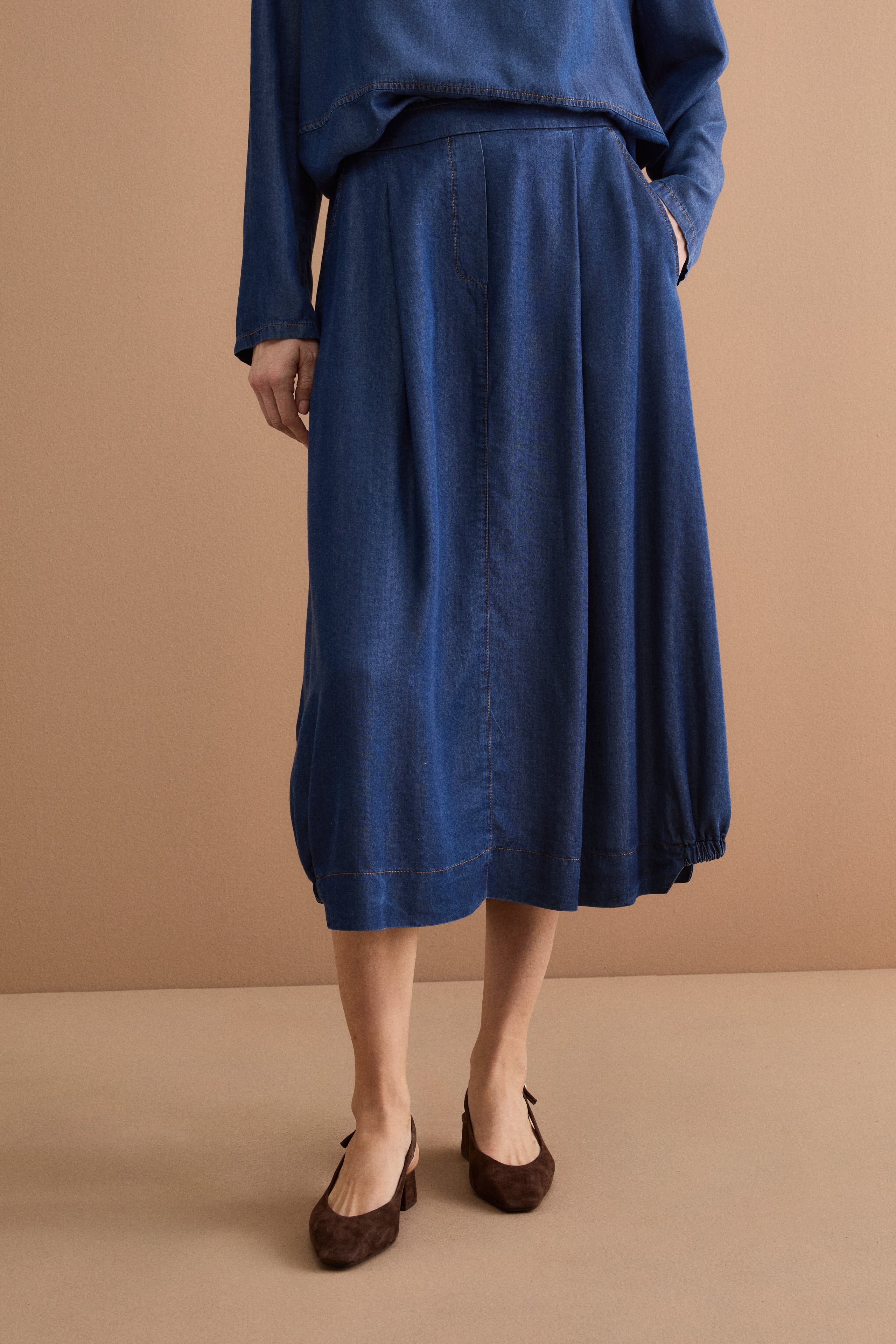 Long Denim Skirt with Pockets - DENIM