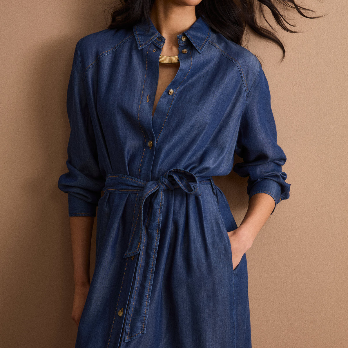 Long Denim Shirt Dress with Belt