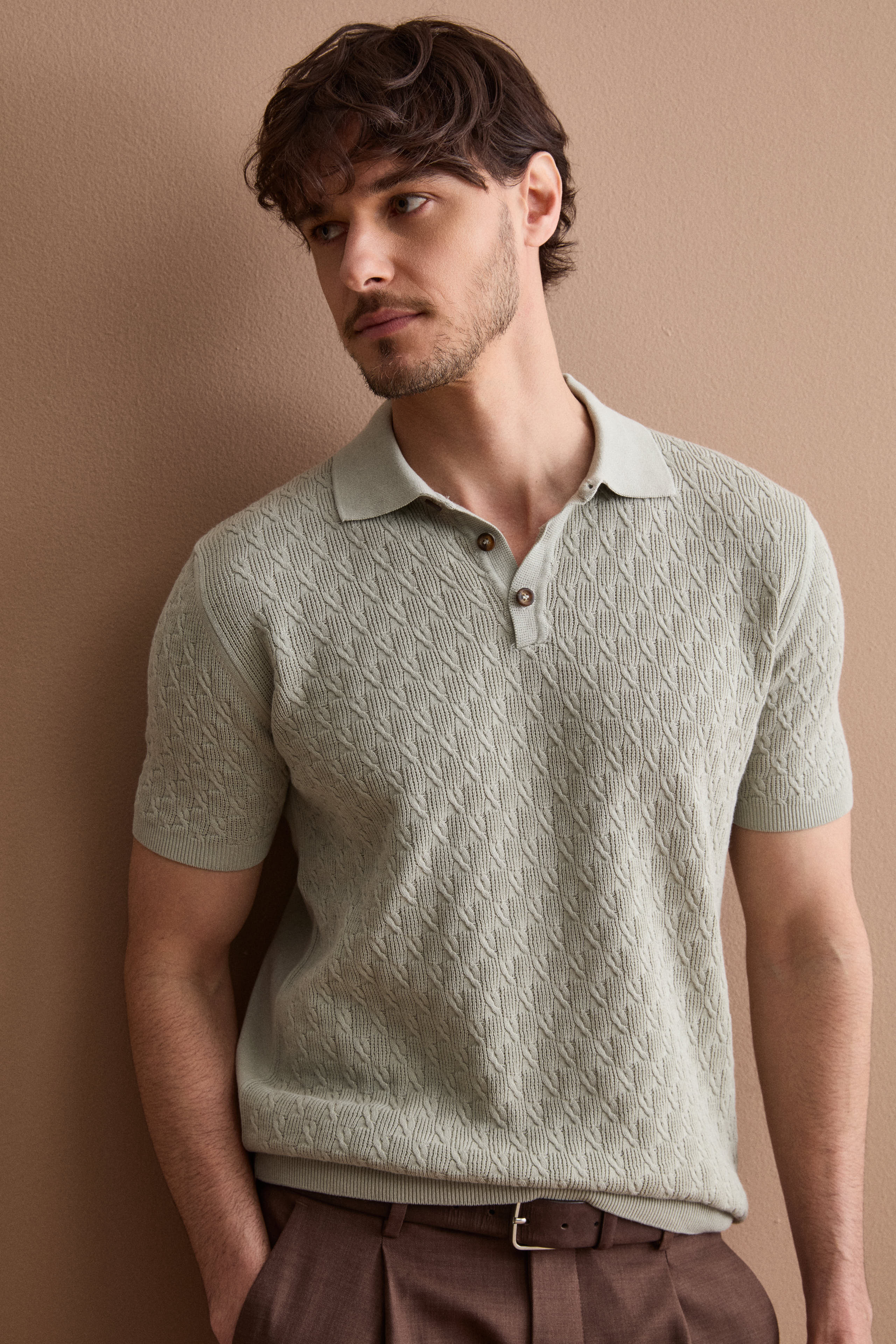 Textured cotton crêpe polo shirt - Cream white