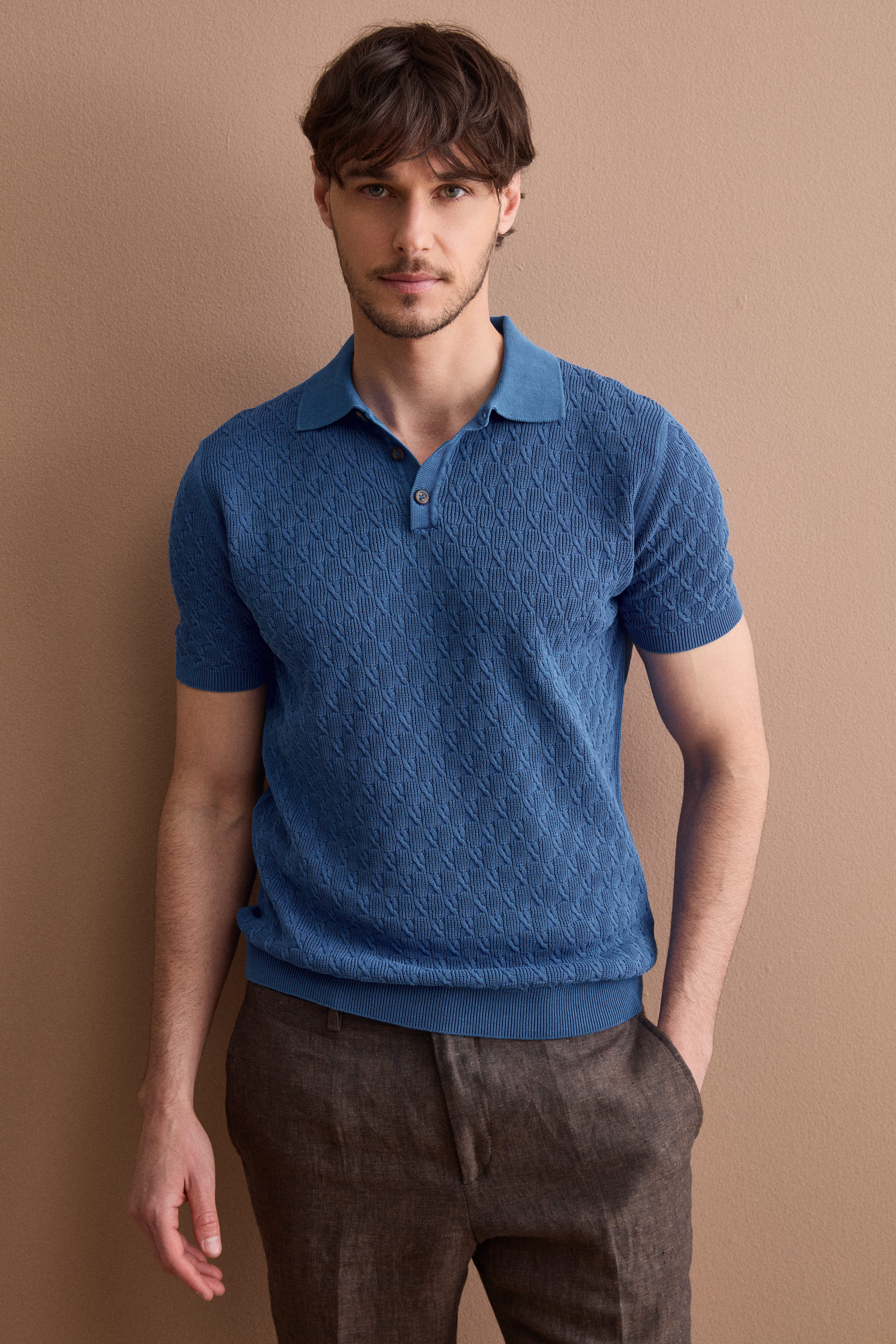 Textured cotton crêpe polo shirt - Air force blue