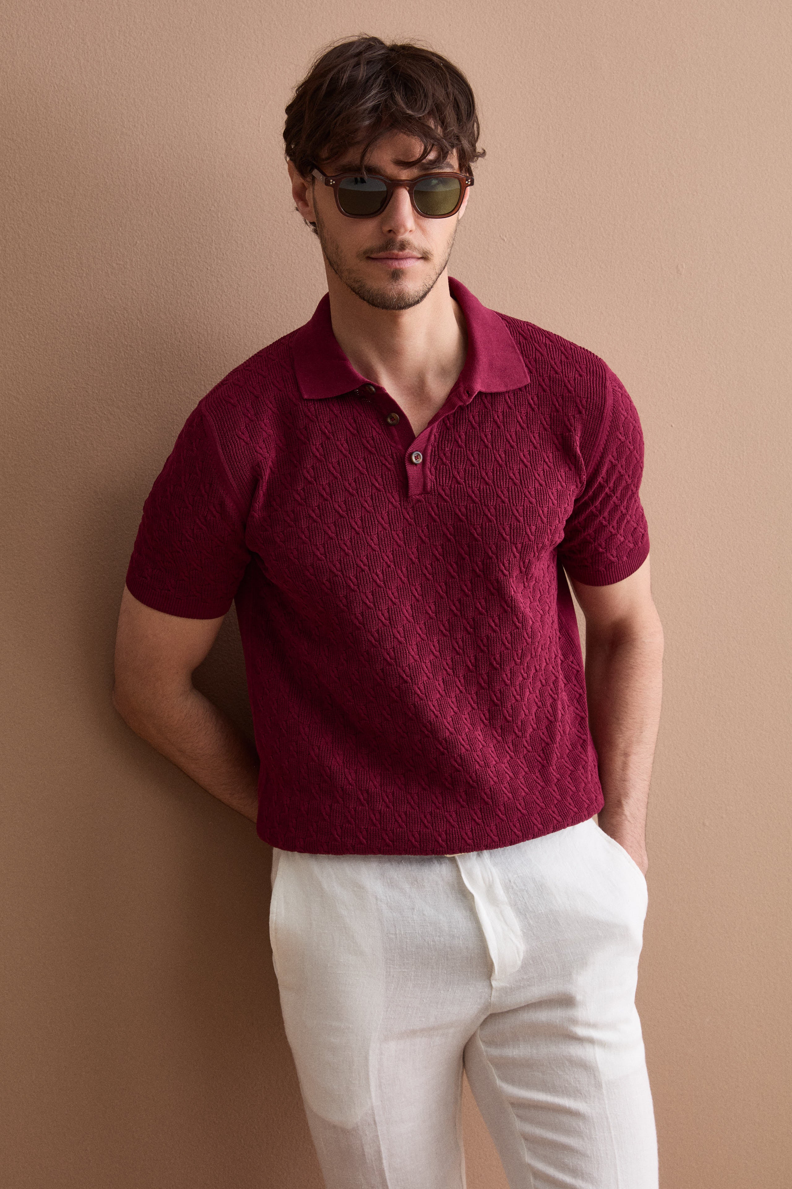 Textured cotton crêpe polo shirt - Burgundy