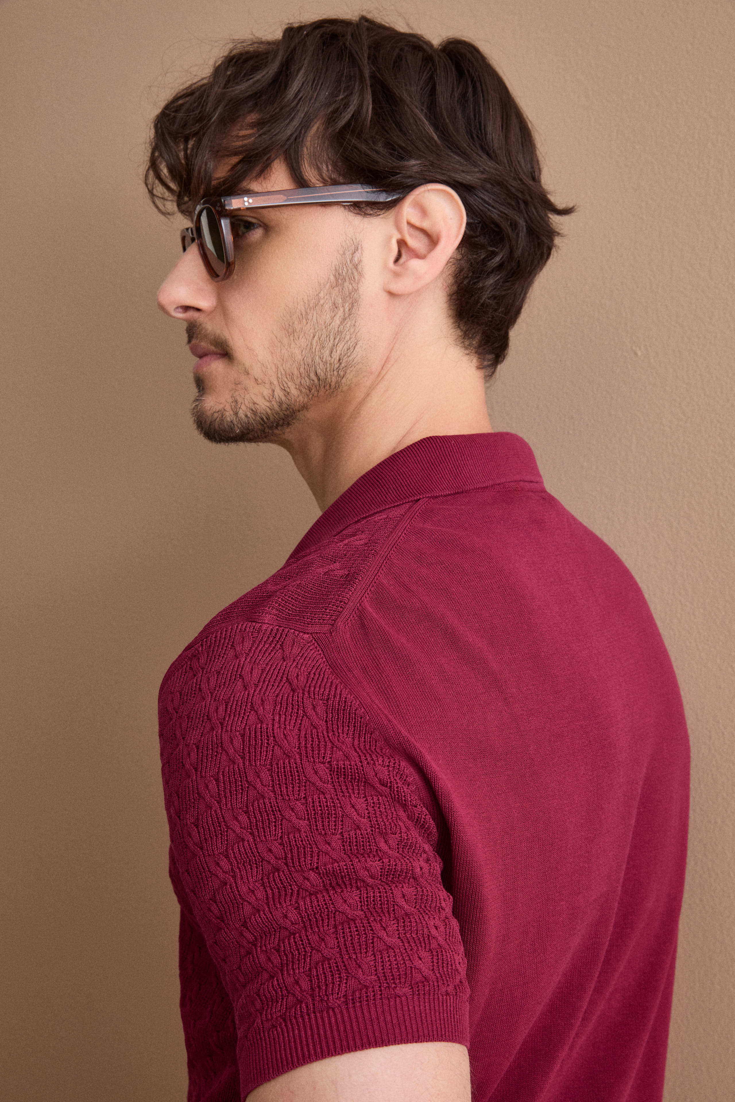 Textured cotton crêpe polo shirt - Burgundy