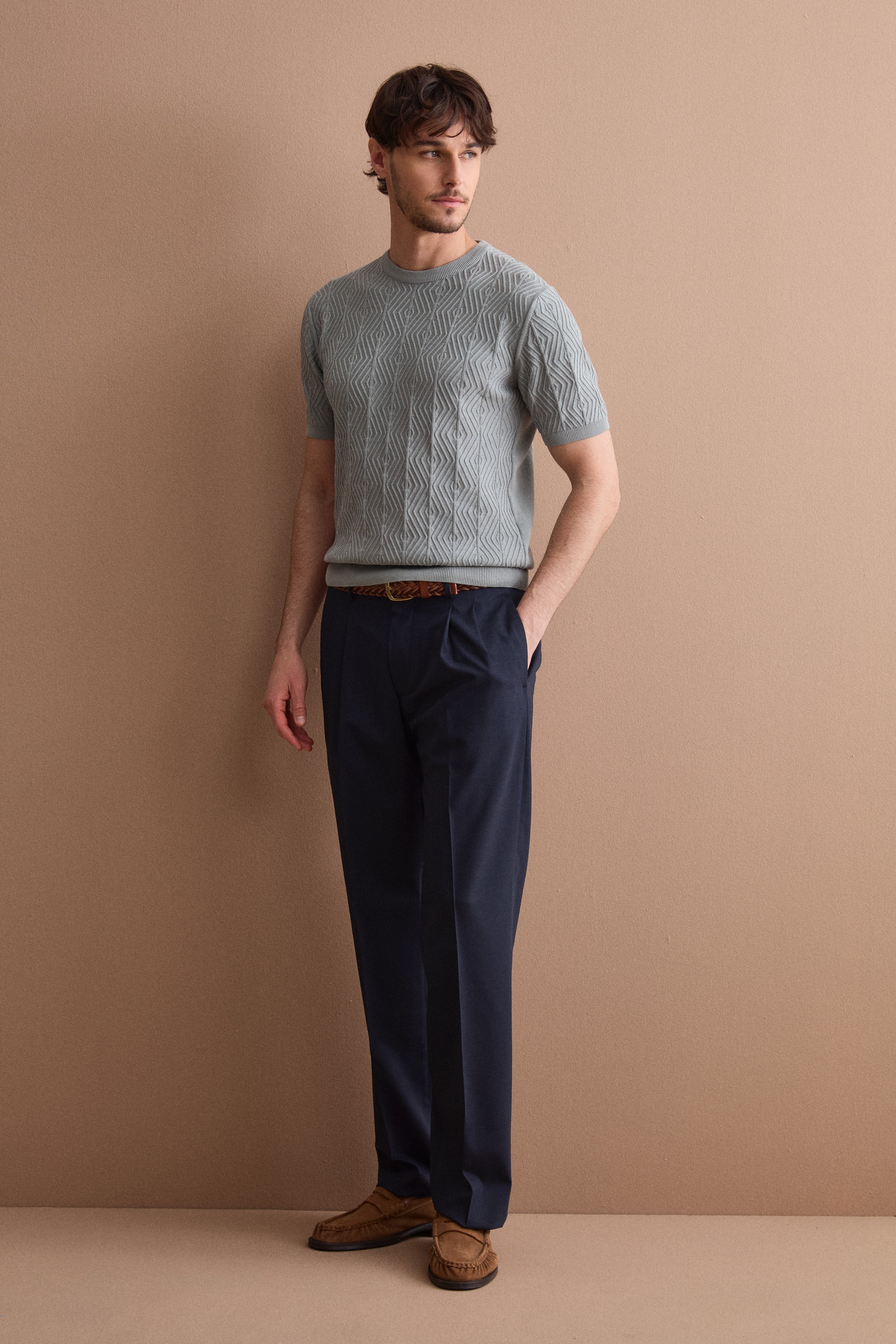 Diamond Pattern Cotton Crêpe T-Shirt - Light grey
