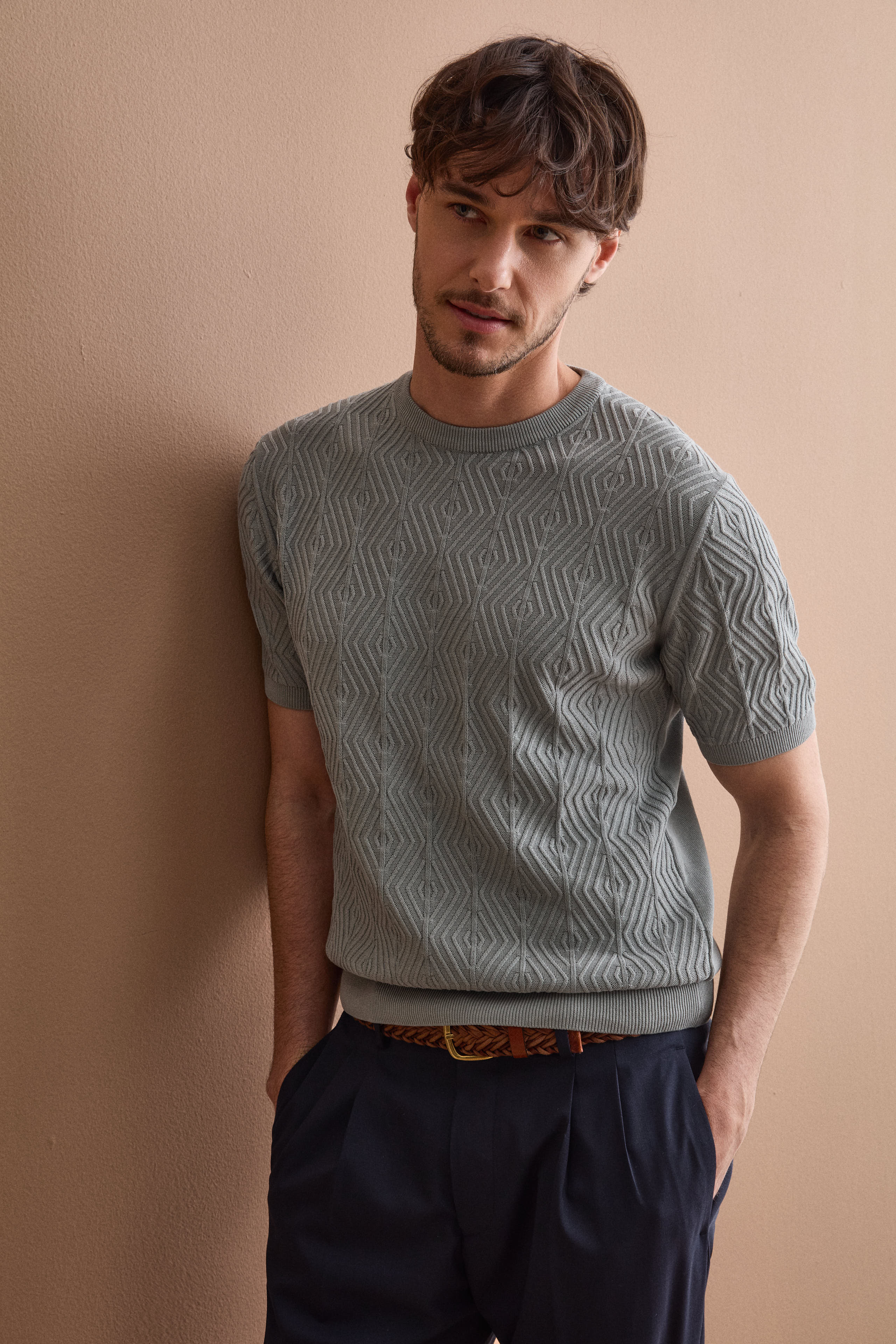 Diamond Pattern Cotton Crêpe T-Shirt - Light grey