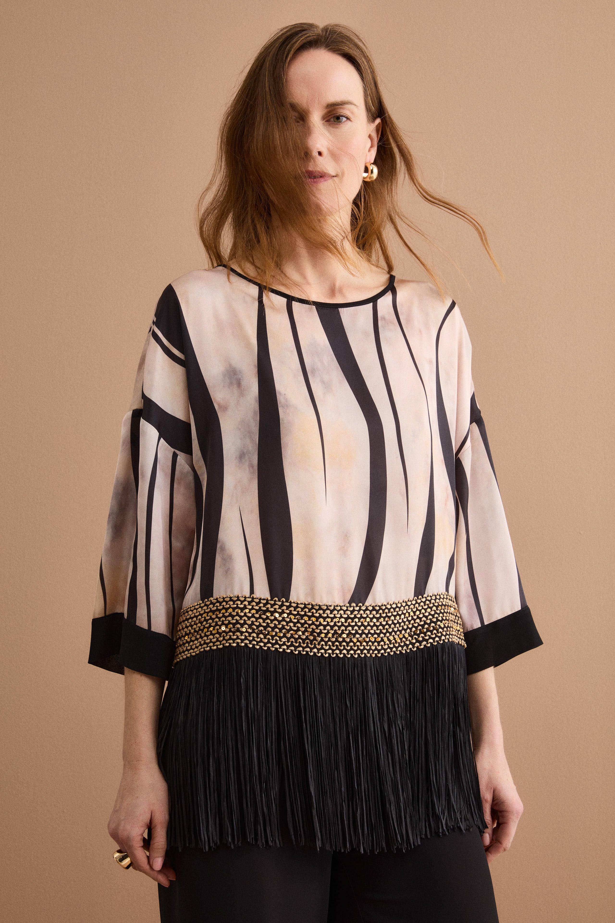 Jacquard-Bluse mit Muster, Posamenten und Fransen - GOLDMUSTER