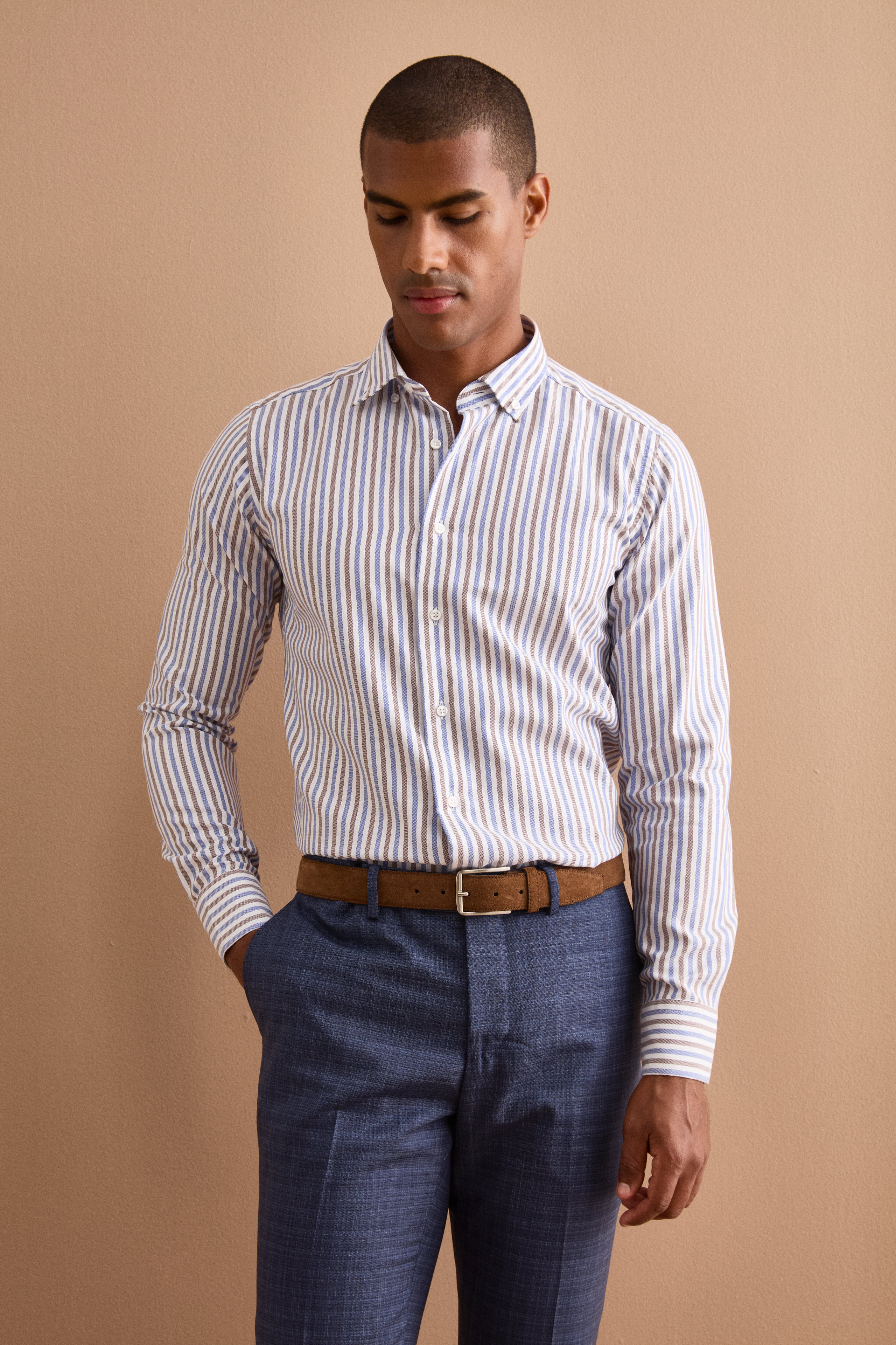 Regular Fit Button-Down Striped Shirt - Blue-Brown stripe