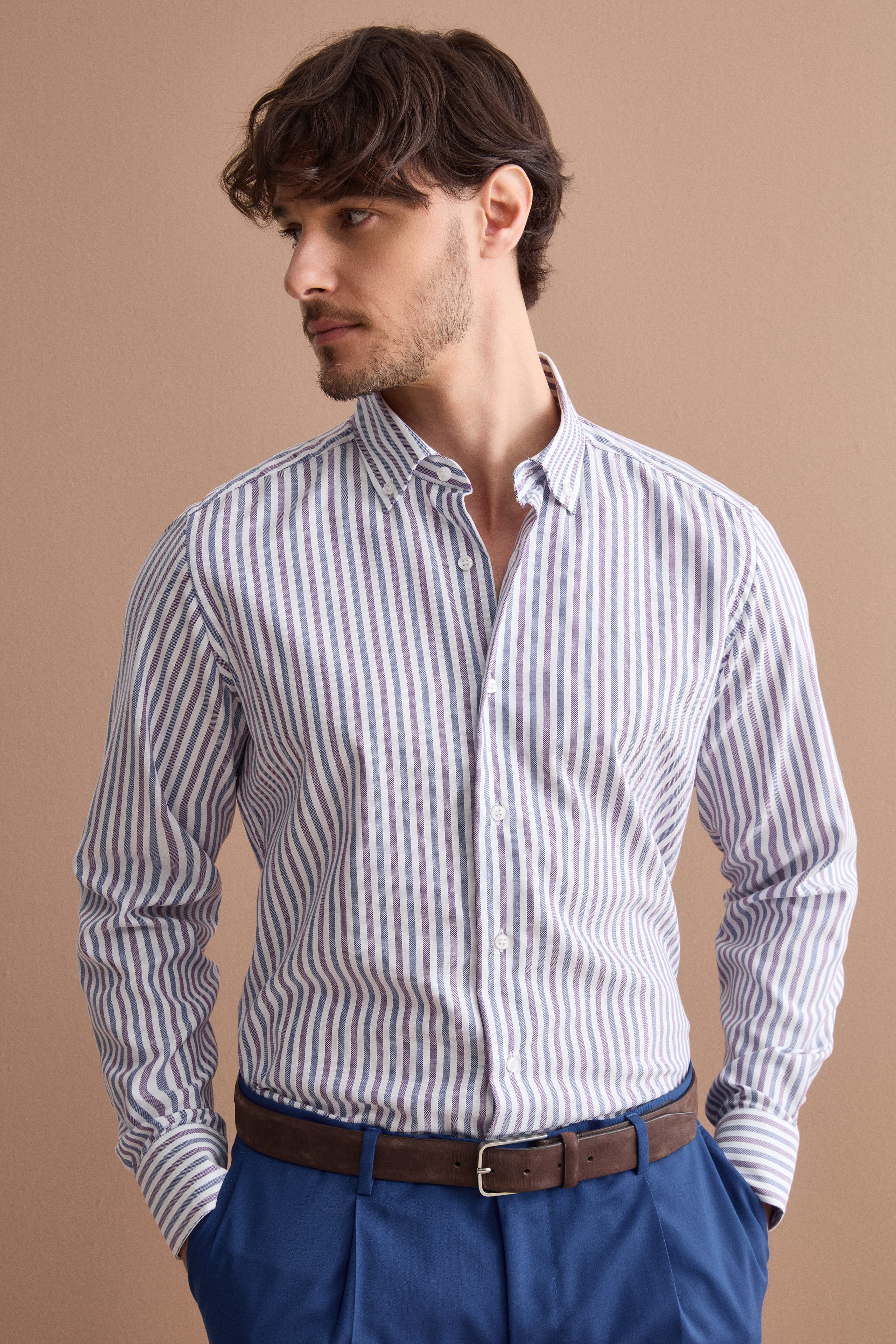 Gestreiftes Button-Down-Hemd Regular Fit - Violett/blau gestreift