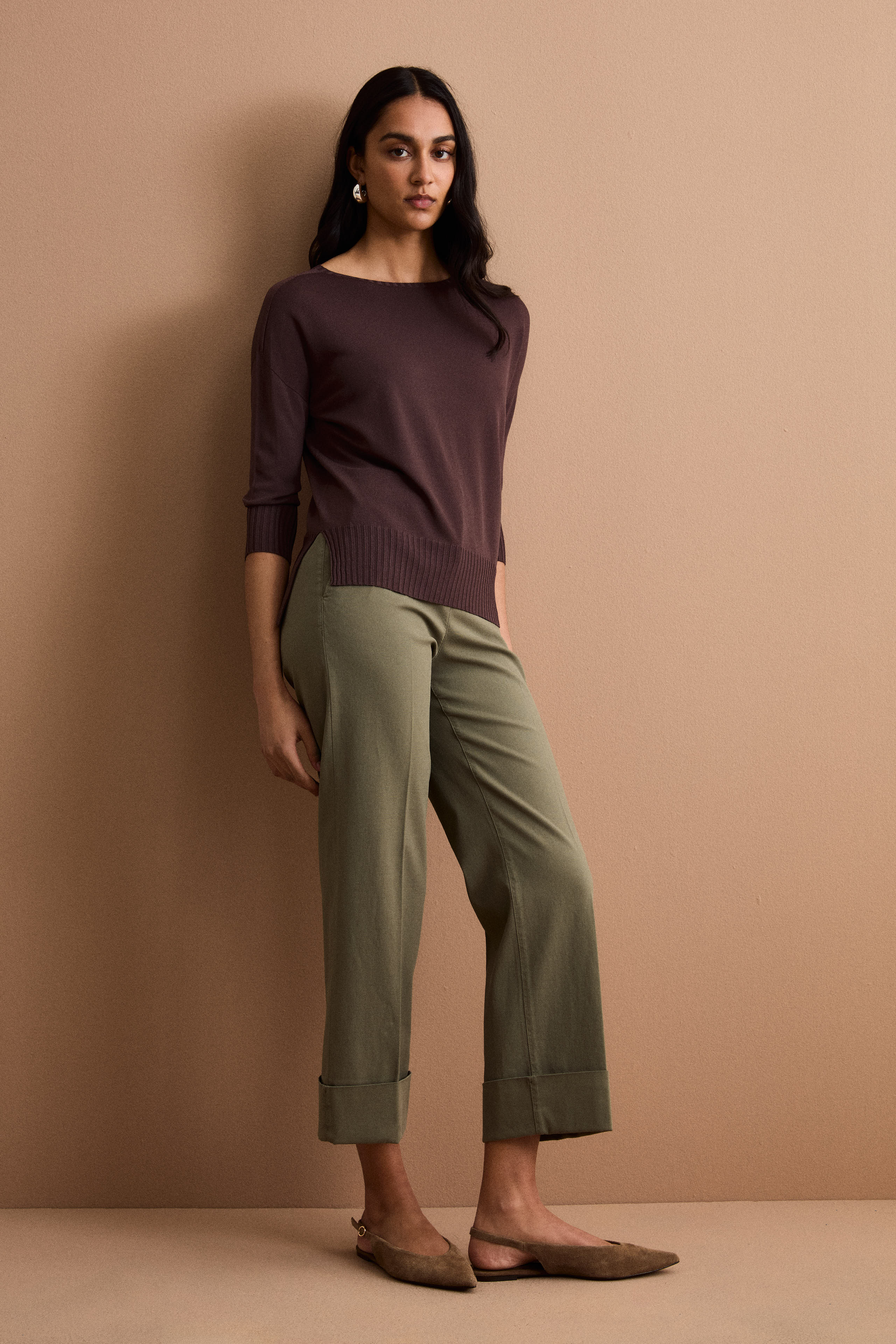 Straight-Leg-Hose mit Aufschlag aus Baumwollmischung-Piqué - KAKI