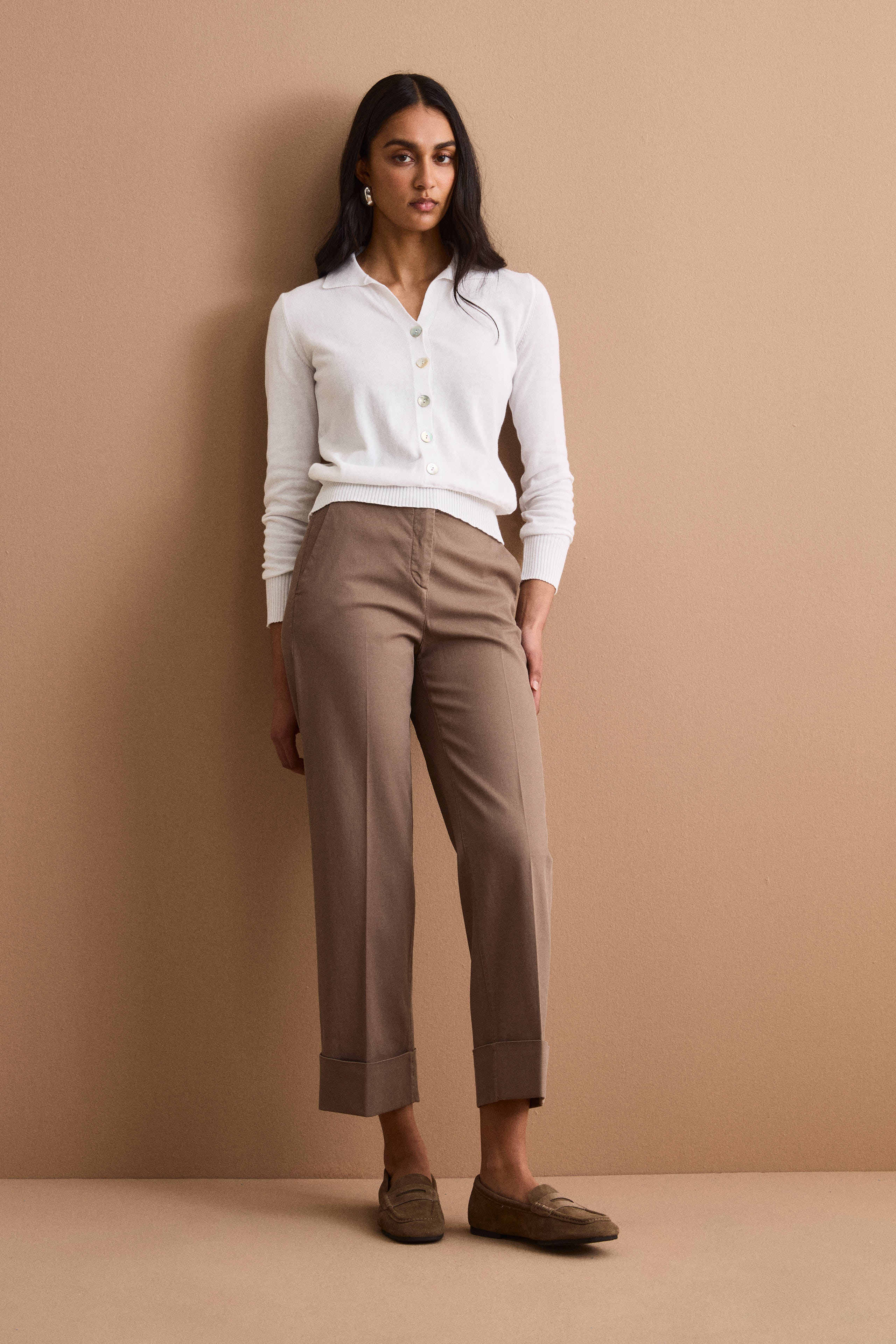 Straight-Leg-Hose mit Aufschlag aus Baumwollmischung-Piqué - KAFFEE